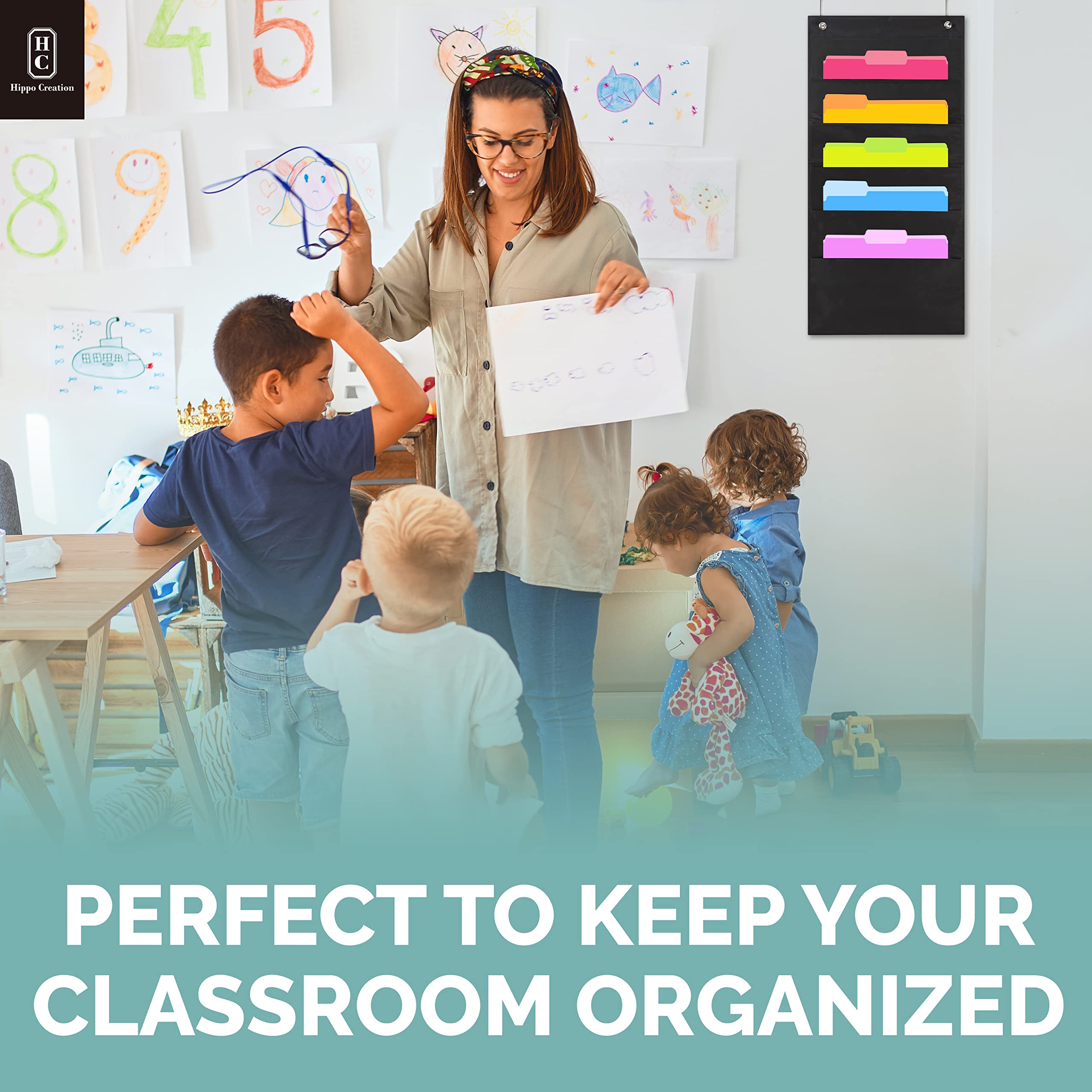 **Hippo Creation Heavy Duty 5-Pocket Storage Organizer with Over-Door Hangers - Hanging Wall File Folder Organizer for Classroom, Home Office, School Mailbox & Paper Storage - Black - Perfect for Teachers, Students & Home Organization**