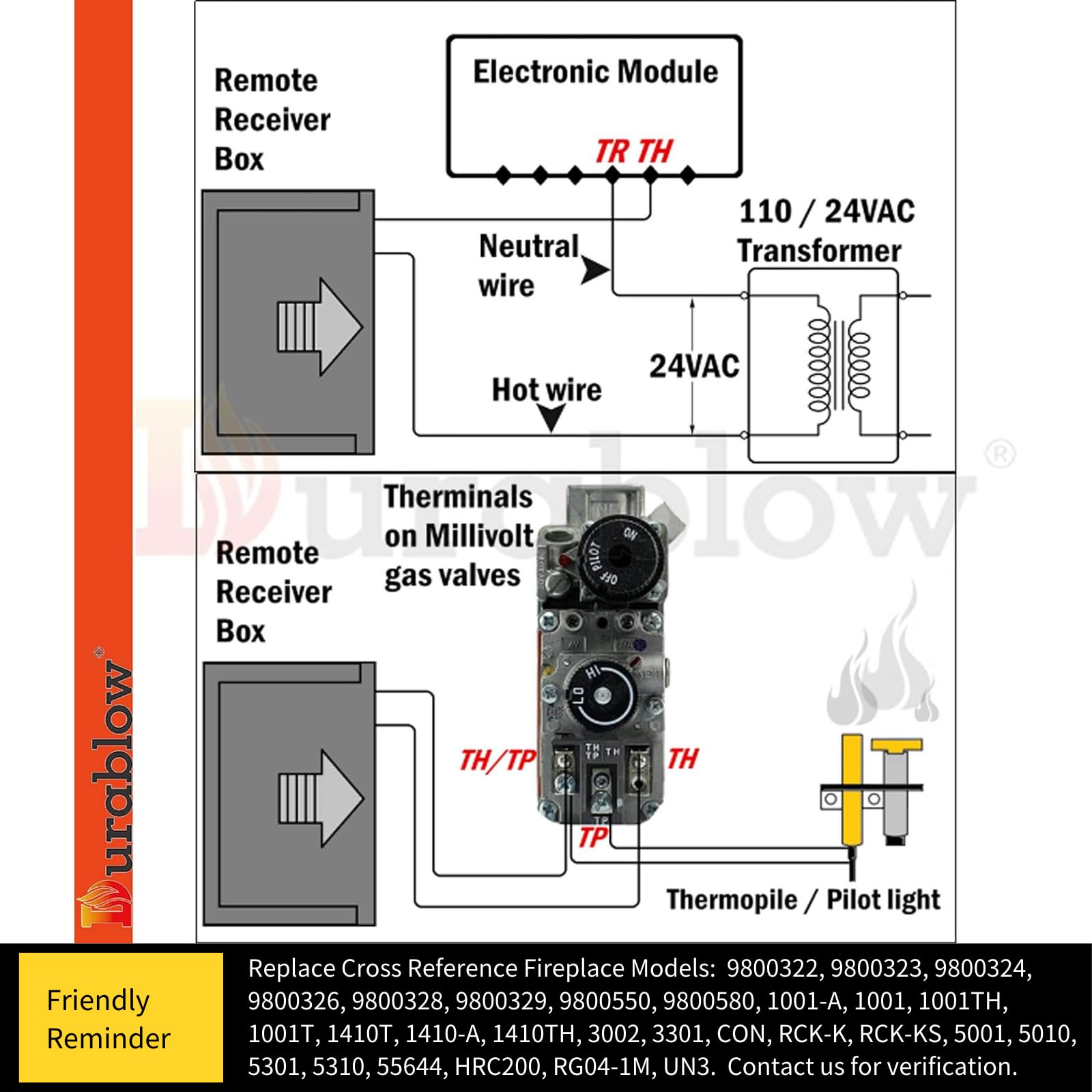 Durablow TR1003 Gas Fireplace Remote Control Kit with LCD Screen - On/Off, Thermostat & Timer for Millivolt Valve & IPI Module | Replaces Wall Switch | Perfect for Home Heating & Fireplace Automation