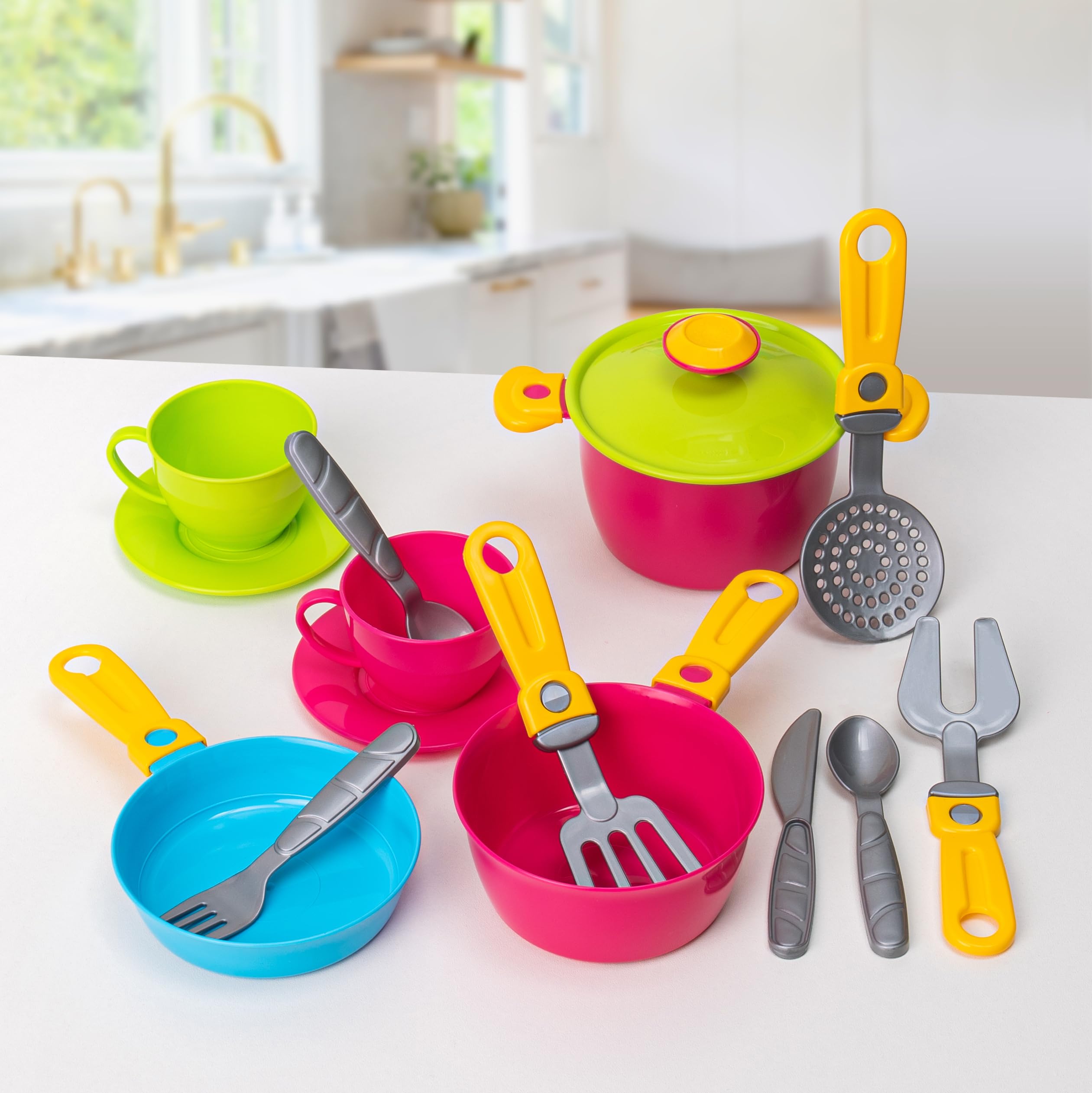 Colorful 33-Piece Kids Pretend Play Kitchen Dishes Set with Drainer - Durable Toy Cookware & Tableware for Toddlers | Perfect for Role Play, Tea Parties & Learning Fun (Pink)