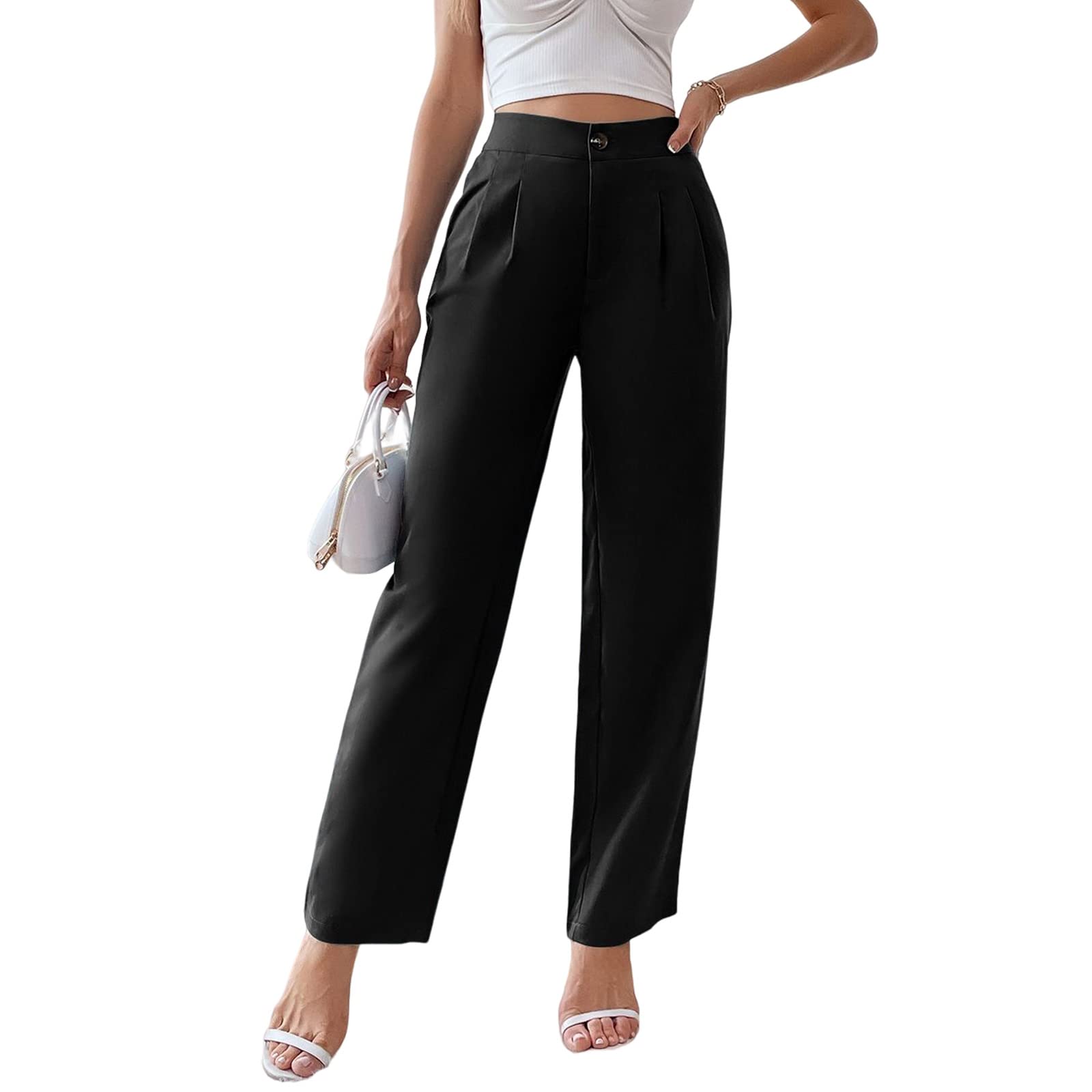 Viatabuna High Waisted Pleated Pants for Women - Work Office & Casual Solid Straight Leg Dress Pants | Perfect for Business Attire, Professional Meetings & Everyday Wear