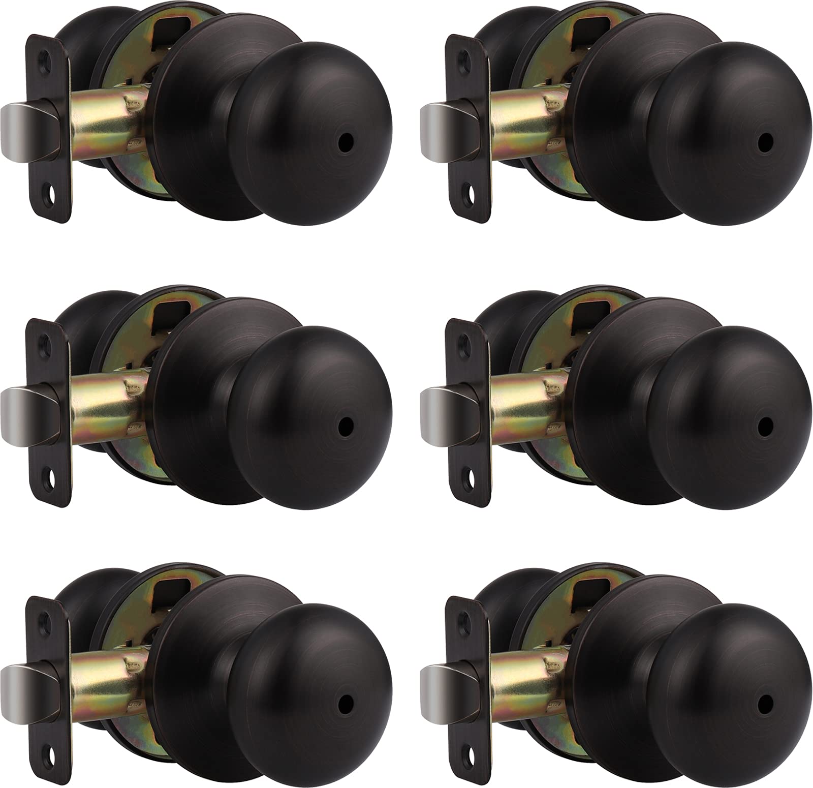 6 Pack Privacy Door Knob Set - Keyless Round Ball Door Lock for Bathroom & Bedroom - Oil Rubbed Bronze Interior Door Handle Lockset - Perfect for Home, Apartment, and Office Privacy Solutions