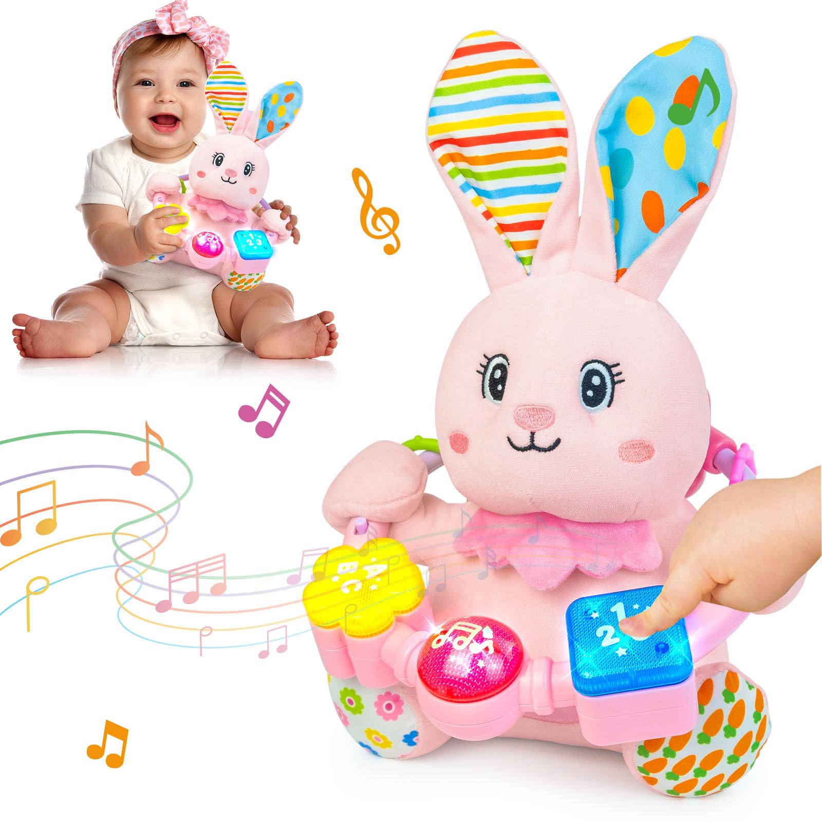 Bilingual Musical Rabbit Plush Toy - Light-Up, Crinkle & Melodies for Baby Early Learning | Soft Stuffed Animal for Tummy Time & Sensory Play | Perfect Gift for Infants 0-12 Months (Pink) - Ideal for Nursery, Playtime & Developmental Milestones