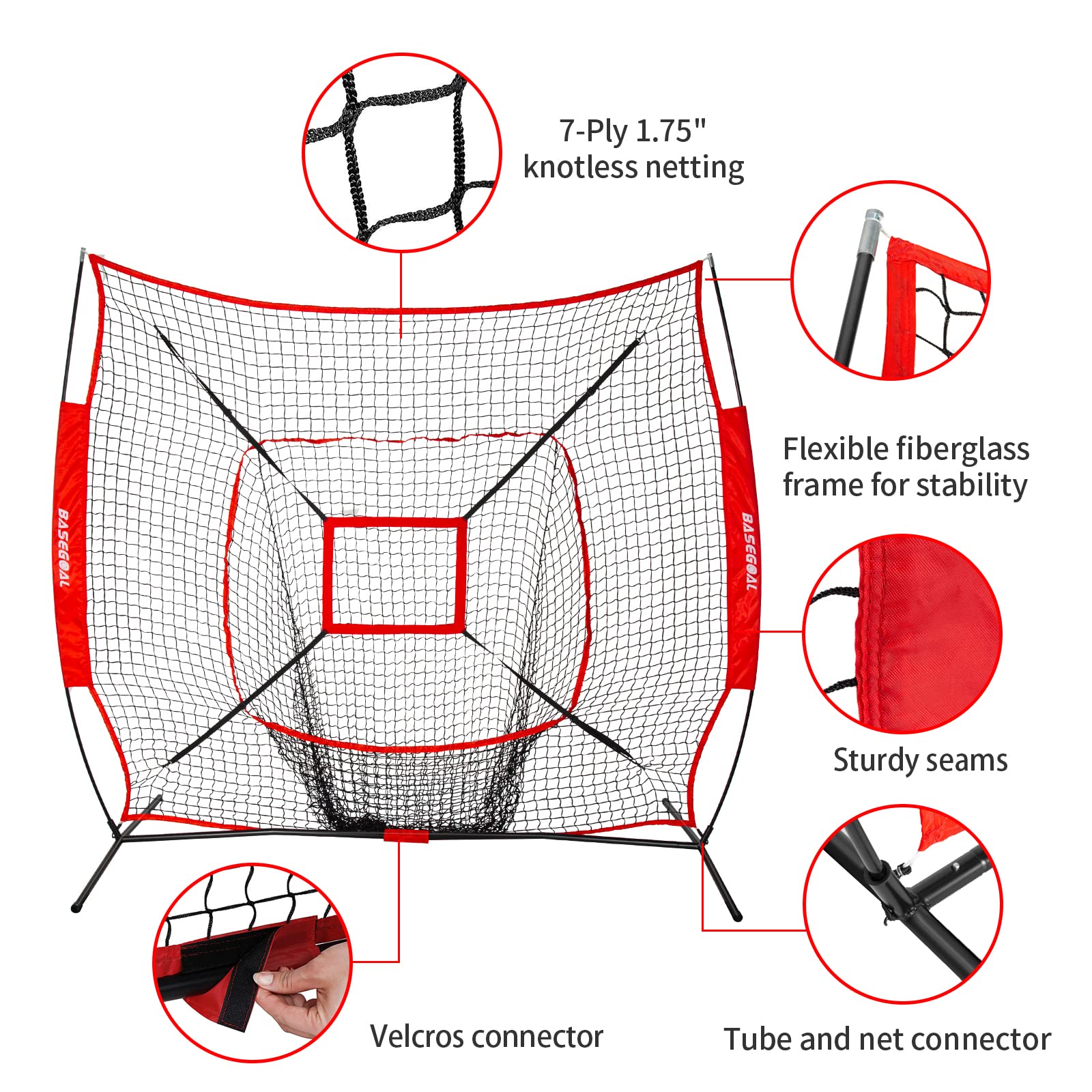 7'×7' Baseball & Softball Practice Net with Batting Tee - Portable Backstop for Hitting, Pitching & Catching - Sturdy Bow Frame Design with Bonus Strike Zone - Perfect for Backyard Training, Team Practice & Youth Baseball Drills