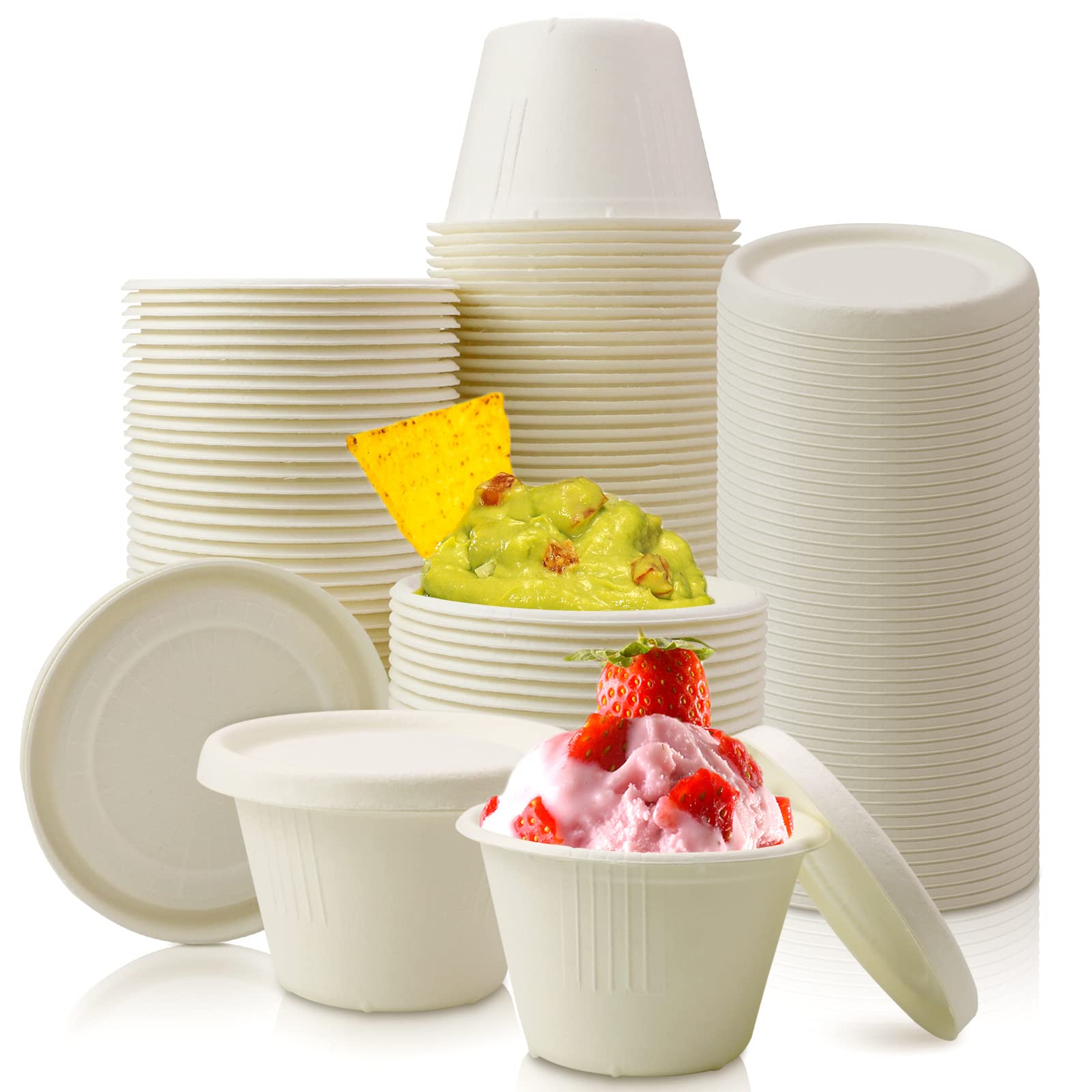 100 Pack 4oz Disposable Paper Cups with Lids - Eco-Friendly Bagasse Fiber Ice Cream Cups & Small Bowls for Condiments, Sauce, Desserts | Perfect for Parties, Picnics, Catering & Takeout