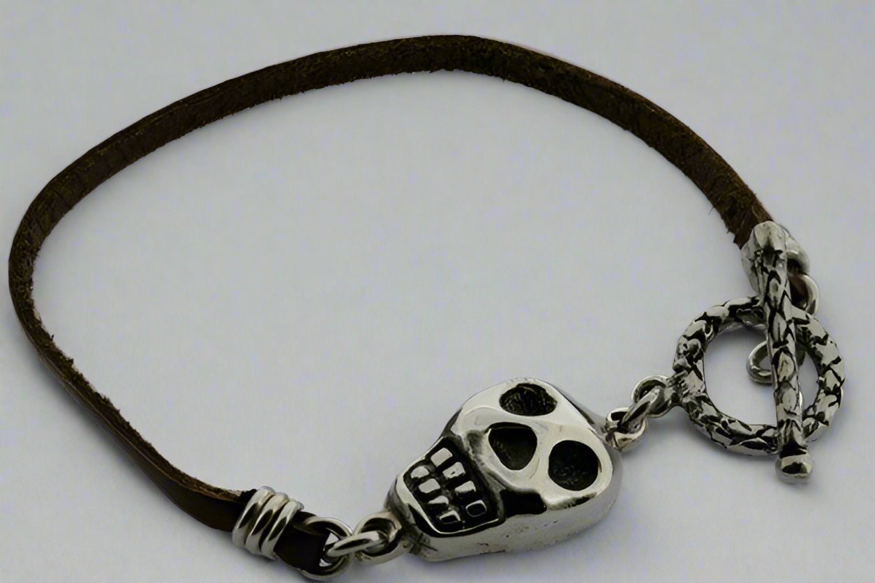 Handmade Leather & Sterling Silver Skull Bracelet for Men & Women - Gothic Punk Jewelry Gift for Halloween, Biker, Rocker Style
