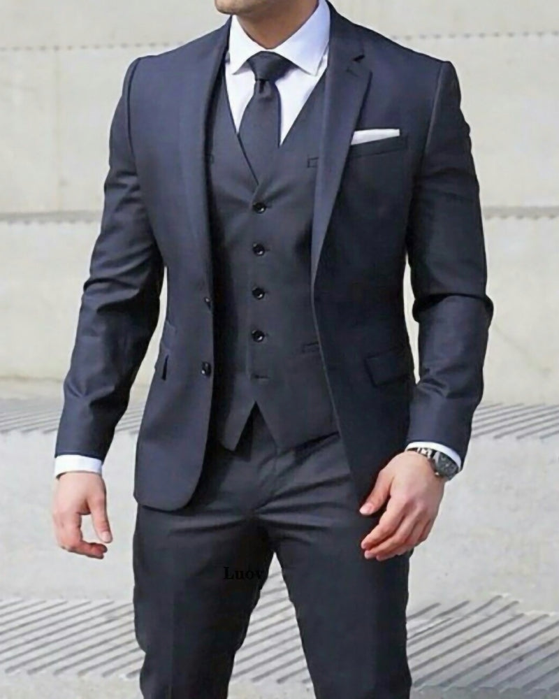 Dark Navy 3-Piece Slim Fit Men's Wedding Suit Set - Groomsmen & Prom Formal Attire | Perfect for Weddings, Proms & Special Occasions