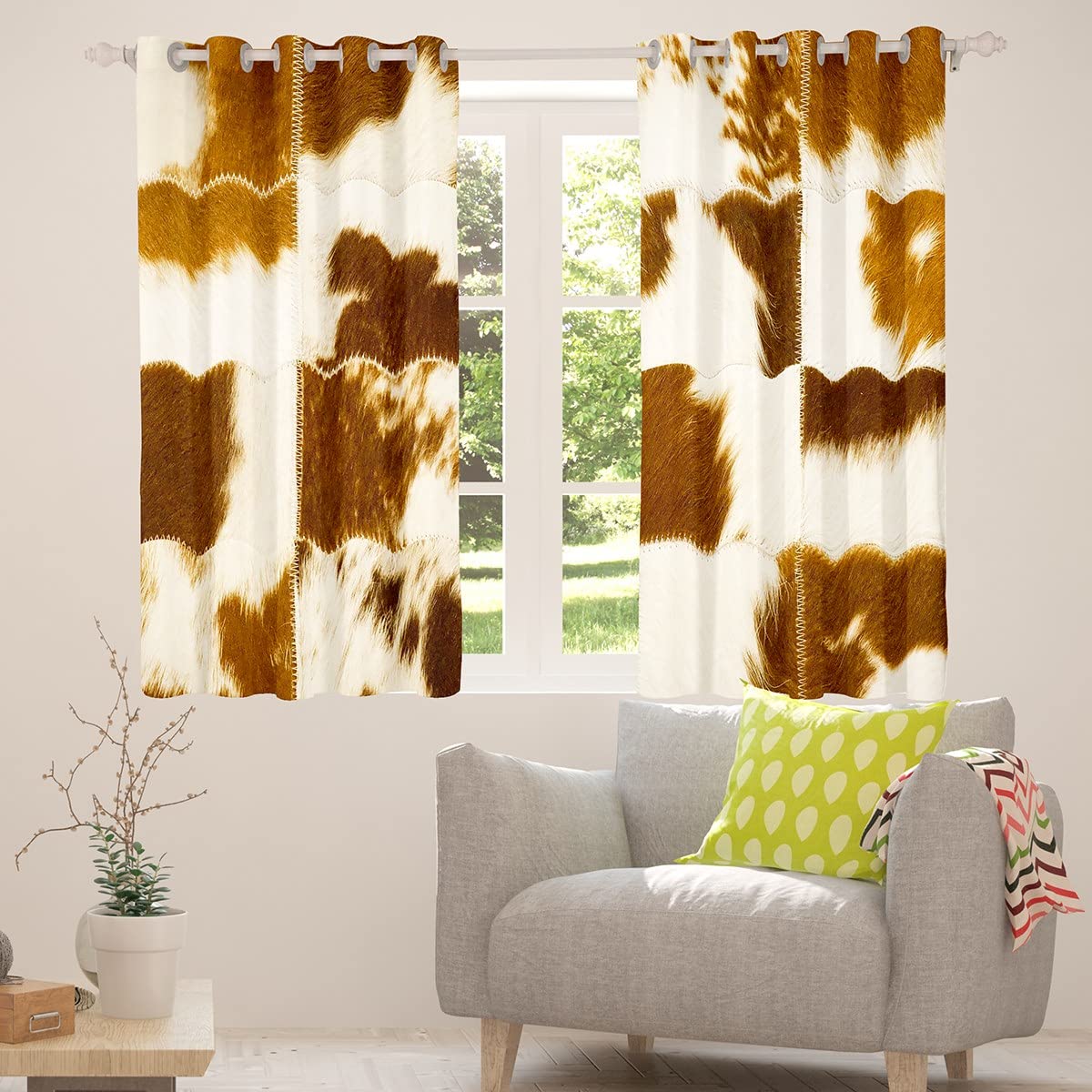 Brown Cow Print Window Curtains 2 Panels 52x96 Inches - Western Cowhide Patchwork Drapes for Farmhouse & Rustic Decor | Farm Animal Themed Window Treatments for Kids, Boys, Girls & Adults | Perfect for Bedroom, Nursery, Living Room & Cowboy Themed Rooms