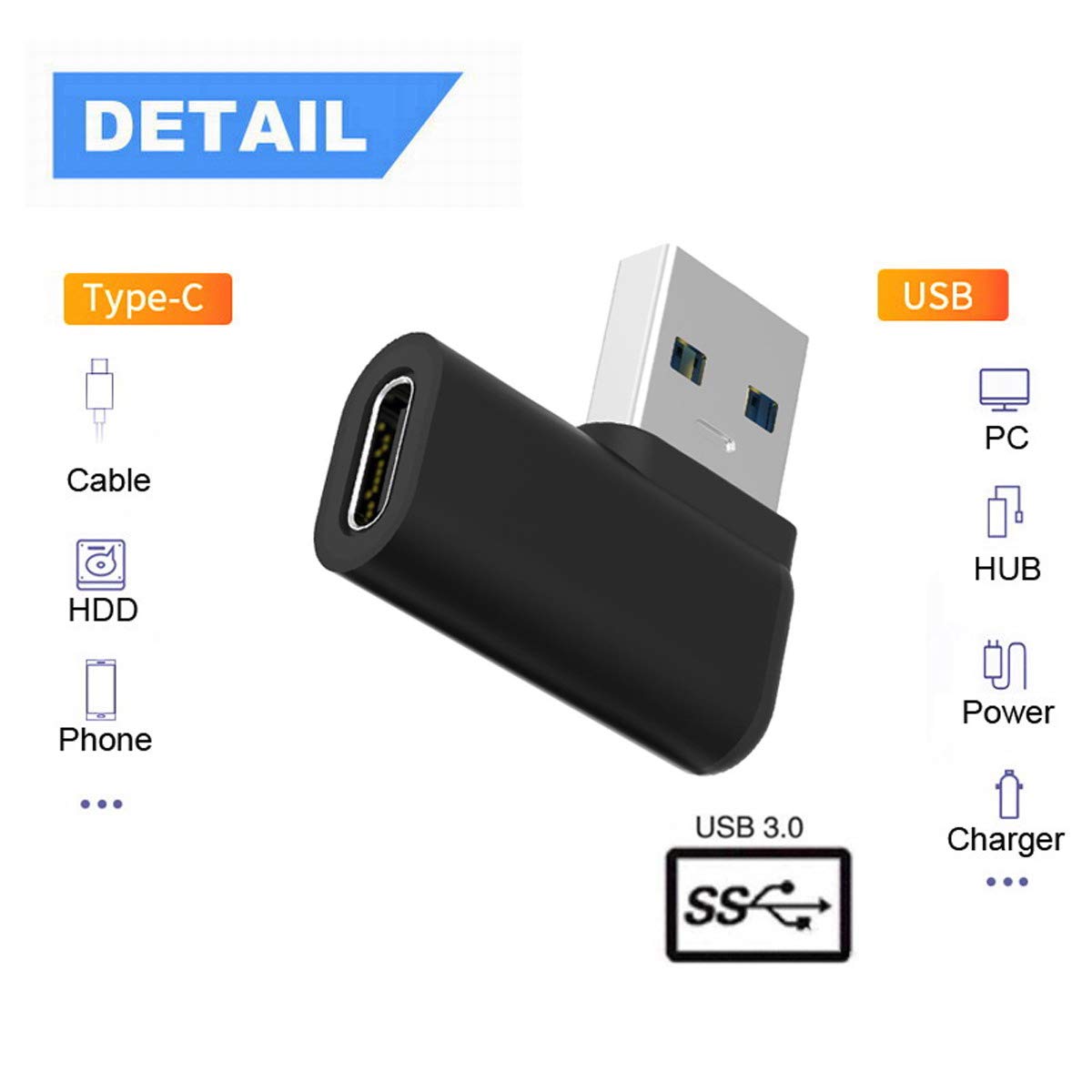 Chenyang USB 3.0 to USB C Adapter - 90 Degree Left Angled OTG Converter for Fast Data Transfer & Charging - Compatible with Smartphones, Tablets, Laptops & More
