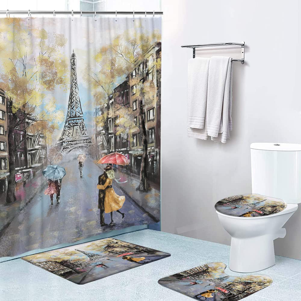 LOKMU 4-Piece Shower Curtain Set with Non-Slip Bath Mat, Toilet Lid Cover, and 12 Hooks - Paris Eiffel Tower Waterproof Bathroom Decor (72