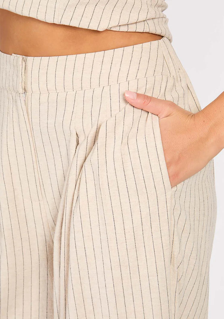 Logan Striped Linen Blend Trousers for Women - Comfortable Oatmeal & Black Casual Pants - Perfect for Office, Travel and Summer Outfits