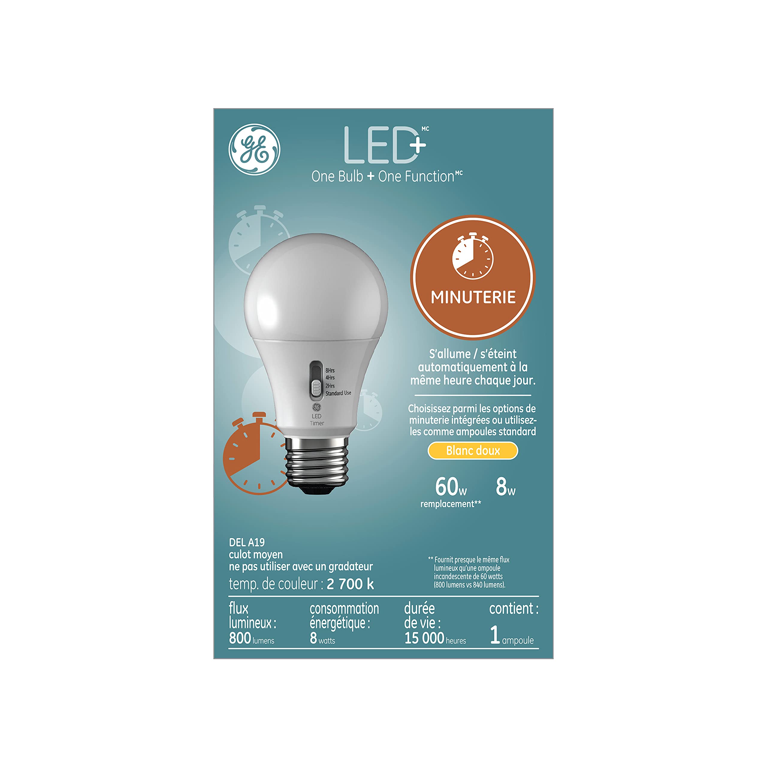 GE Lighting LED+ Timer 7-Watt Equivalent A19 Soft White (2700K) Dimmable LED Light Bulb (93128873) - Energy Saving Light Bulbs for Bedroom, Living Room, Table Lamps & Home Decor