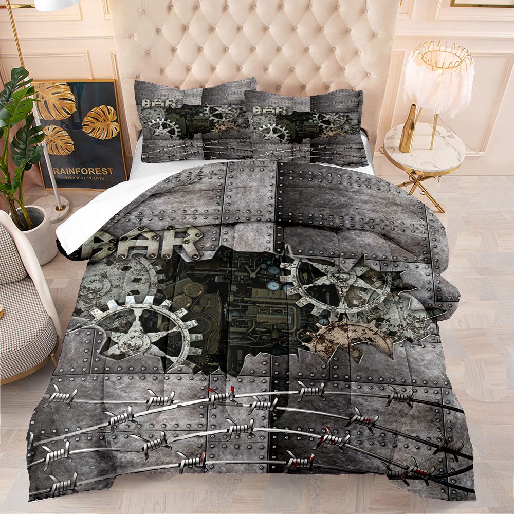 Steampunk Style Golden Industrial Gear King Size Comforter Set - Grey Mechanical Device Bedding for Boys, Kids & Teens (1 Comforter + 2 Pillow Cases) - Perfect for Themed Bedrooms, Gaming Rooms & Dorm Decor