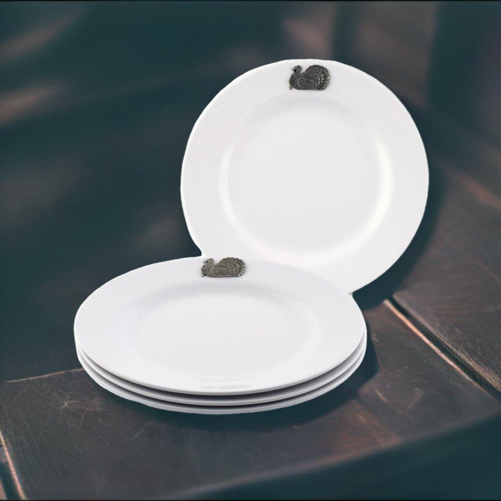 Premium White Melamine Dinner Plates Set of 10 with Elegant Pewter Turkey Design - Perfect for Thanksgiving, Holiday Gatherings & Special Occasions