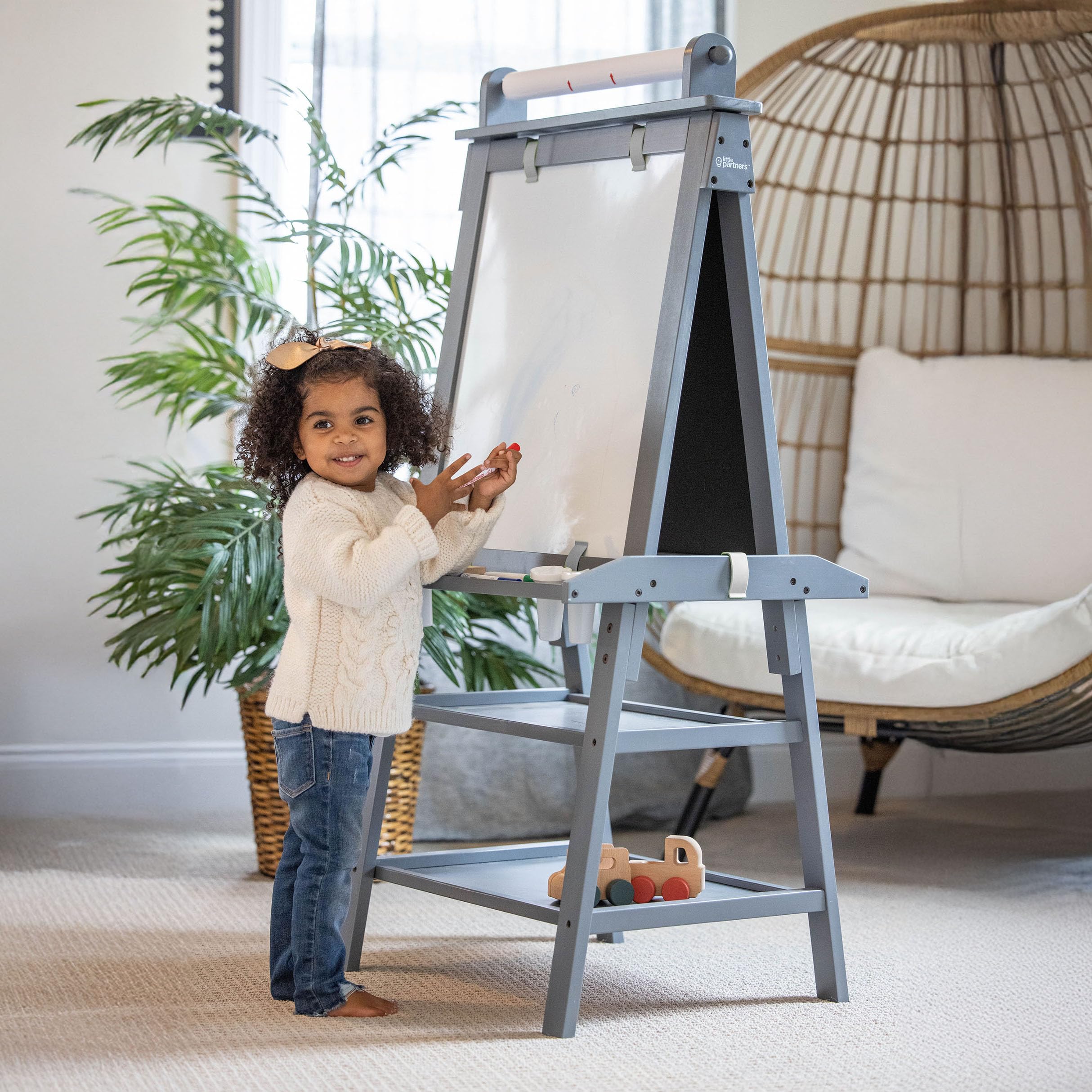 Little Partners Deluxe Learn 'N Play Toddler Easel for Kids - 2-Sided Art Center with Chalkboard & Magnetic Whiteboard | Paper Feed, Storage Bins & Paint Cups | Perfect for Home, Preschool & Daycare (Earl Grey)