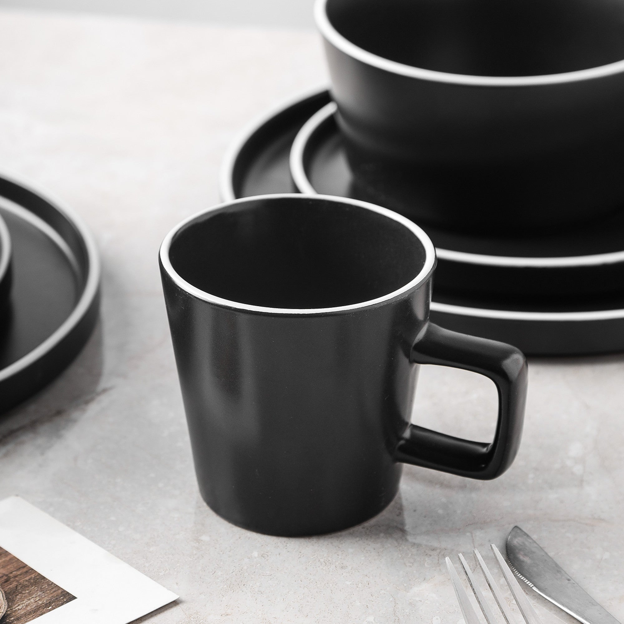 Premium Allison Stoneware Dinnerware Set - Black Matte with White Rim - Elegant Dinner Plates, Bowls & Mugs for Modern Dining, Entertaining & Everyday Use