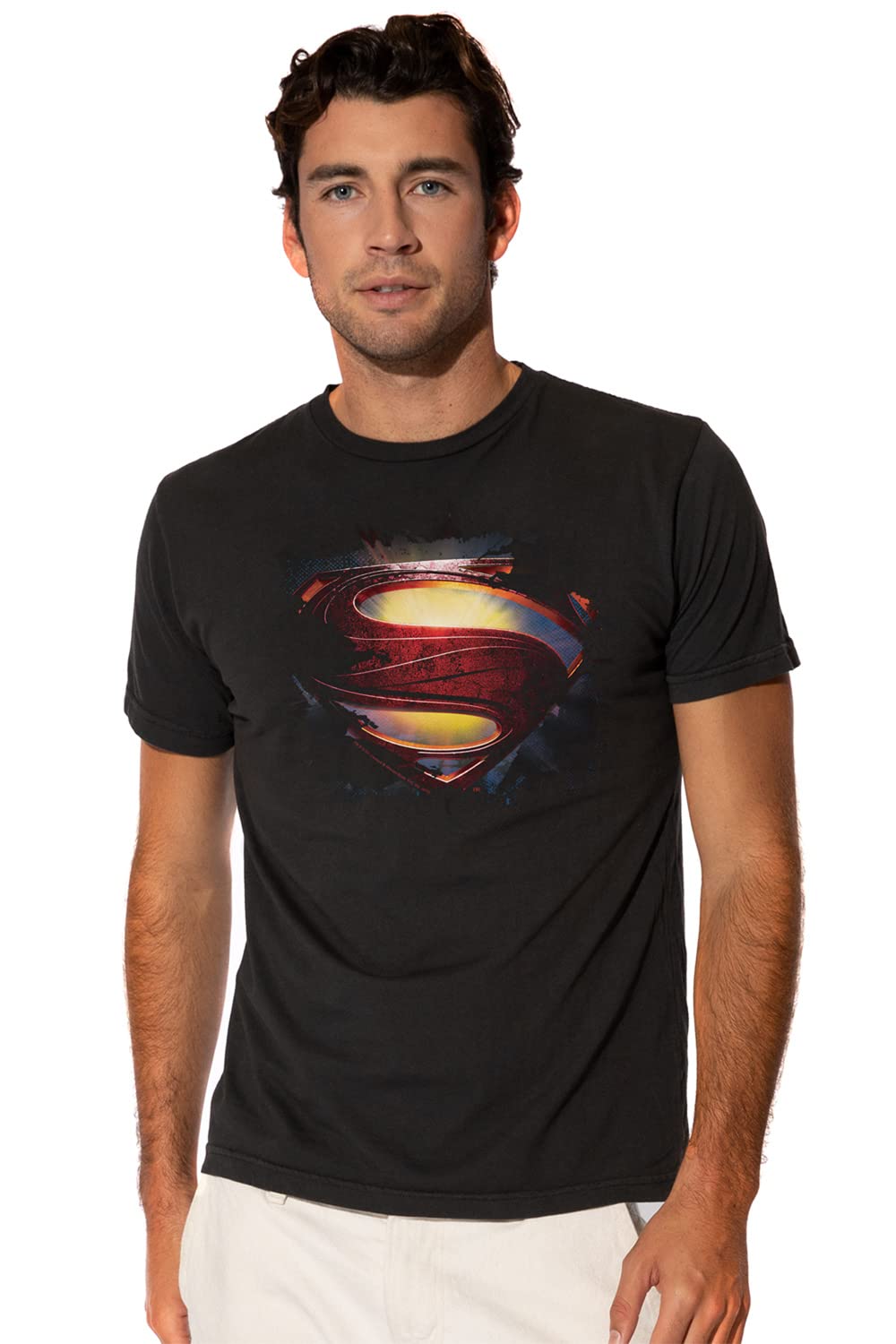 Officially Licensed Man of Steel Grungy Shield Graphic T-Shirt for Men - Short Sleeve Cotton Tee - Perfect for Superhero Fans, Casual Wear & Comic Con Events