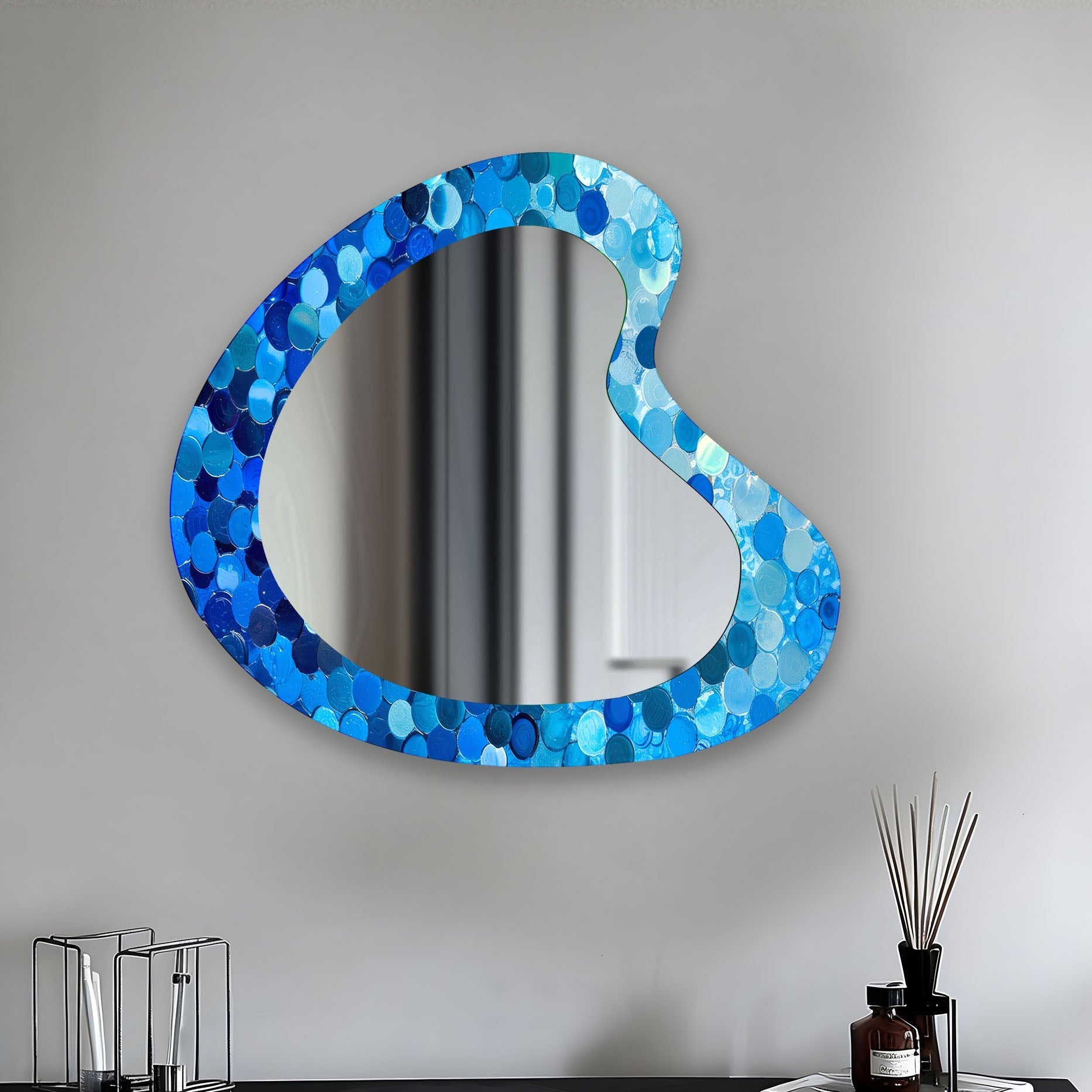 Blue Bubbles Decorative Glass Wall Mirror - Elegant Round Bathroom Vanity Mirror for Bedroom & Living Room Decor