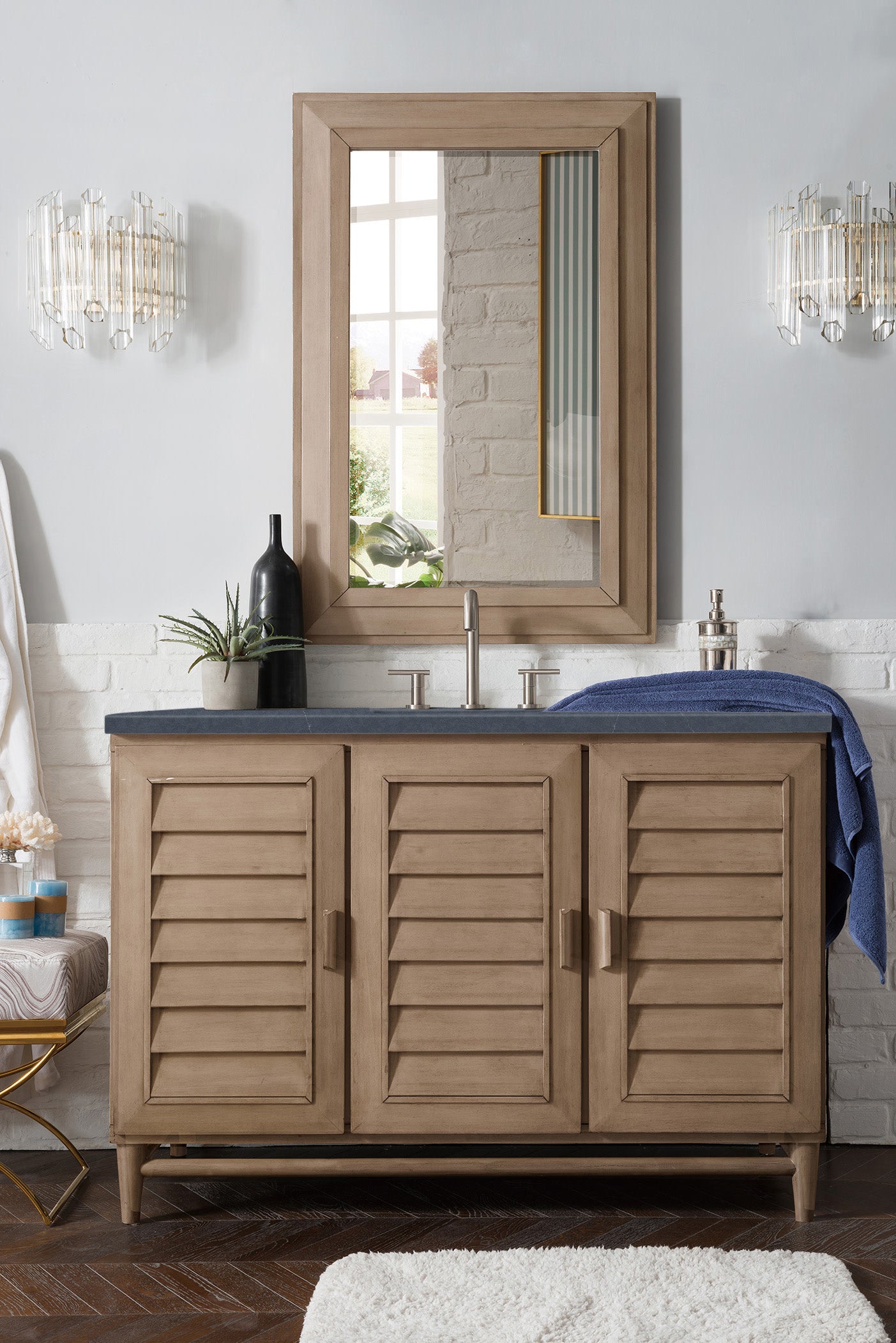 Portland 48 Inch Single Bathroom Vanity in Whitewashed Walnut with 3CM Charcoal Soapstone Quartz Countertop - Perfect for Modern Farmhouse, Coastal, or Rustic Bathroom Designs