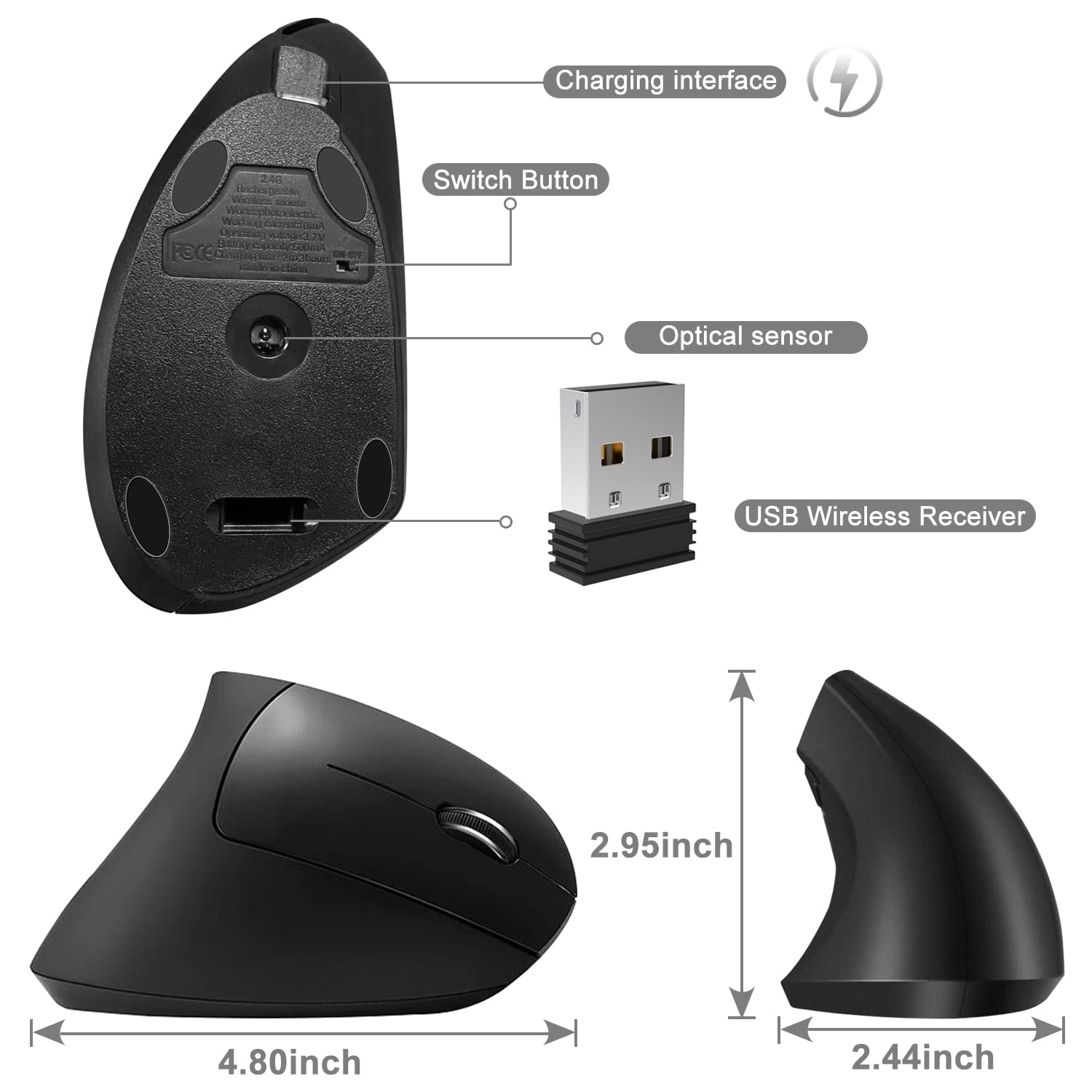 Vassink Ergonomic Wireless Mouse - Rechargeable Vertical Mouse with 2.4GHz USB Receiver, 6 Programmable Buttons, 800/1200/1600 DPI Adjustable for Laptop, PC, Computer - Black (Perfect for Office Work, Gaming & Long-Term Computer Use)
