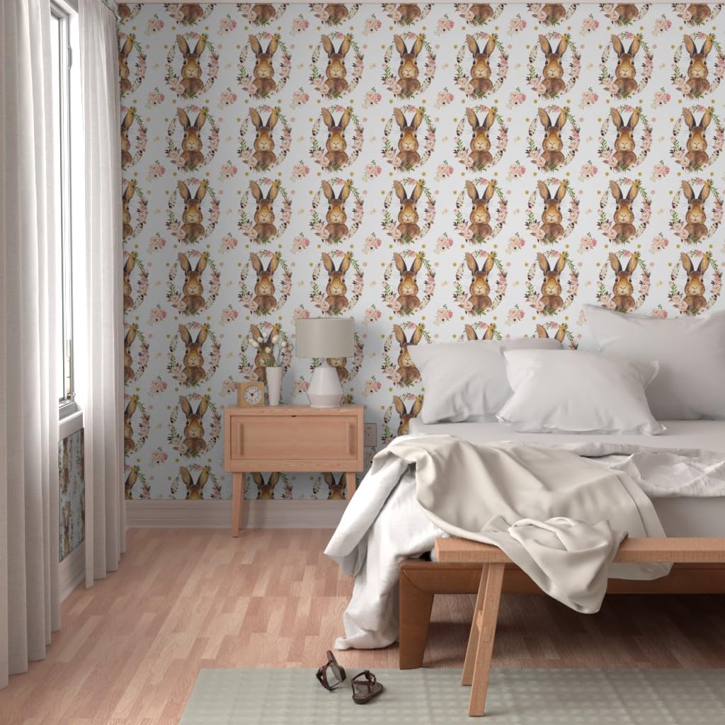 Premium Bunny White Baby Girl Woodland Roses Floral Wallpaper - 27ft x 2ft Commercial Grade Peel & Stick - Perfect for Nursery, Bedroom & Kids Room Decor