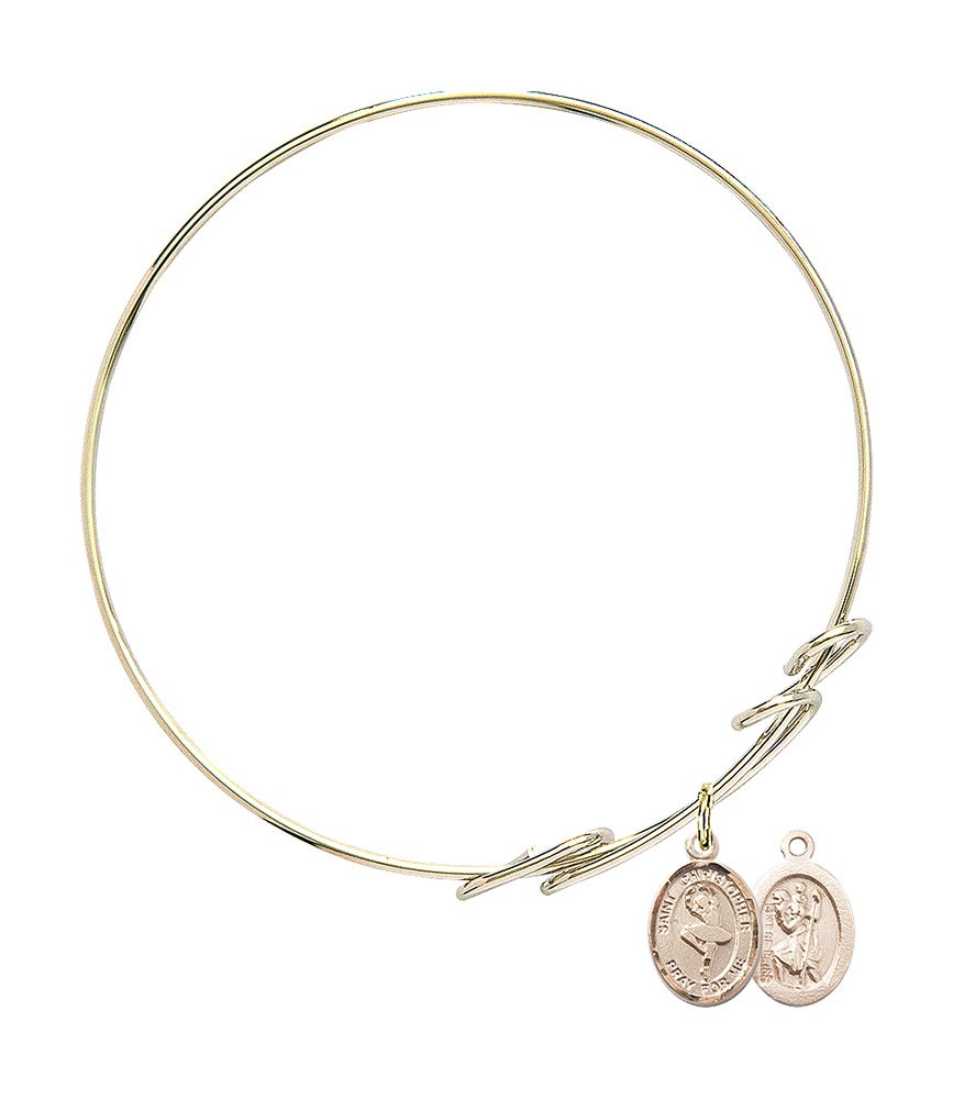 Round Double Loop Gold-Filled Bangle Bracelet with St. Christopher Charm - Perfect for Dance Performances & Everyday Wear