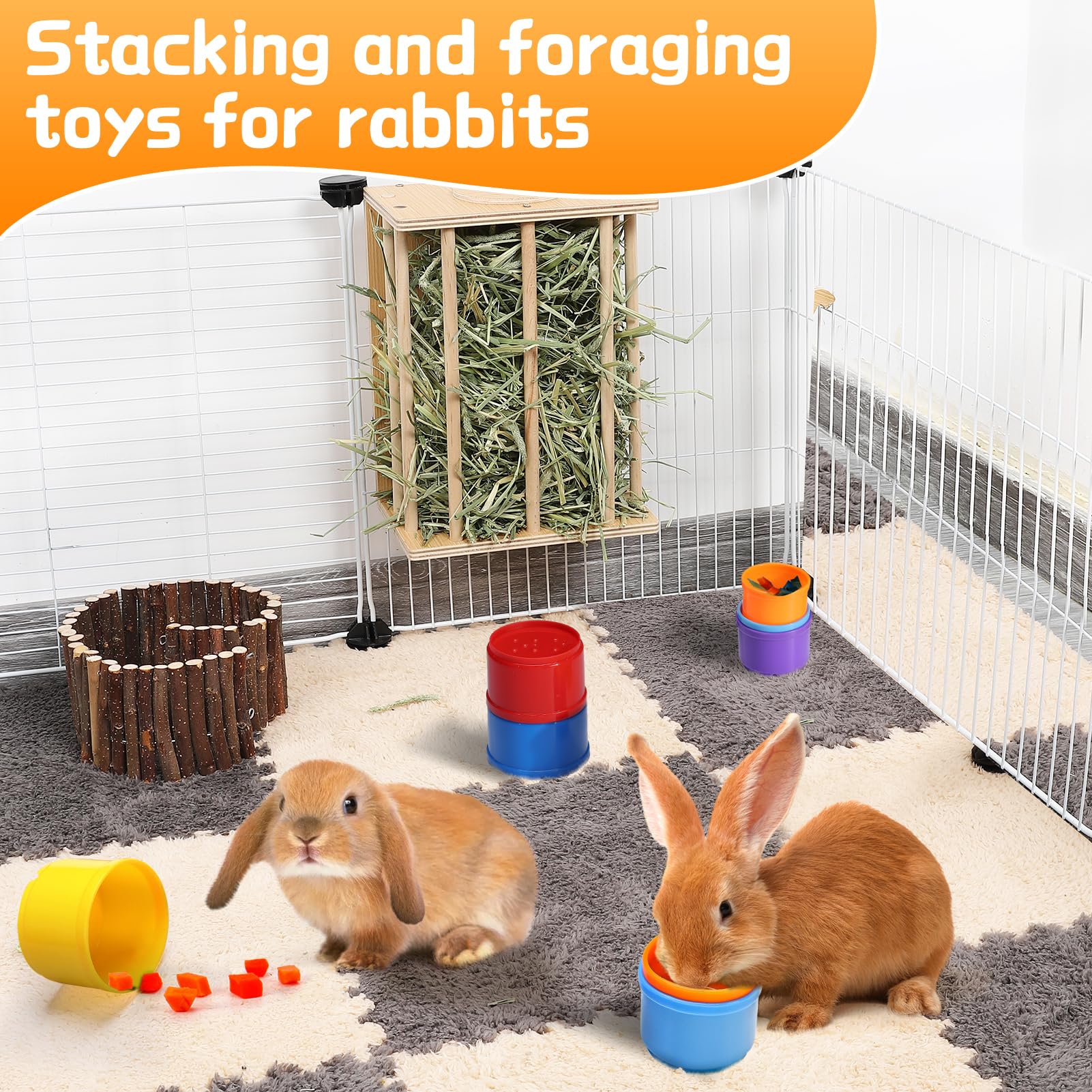 MEWTOGO 8 Pcs Rabbit Stacking Cups - Safe Reusable Bunny Toys in Rainbow Colors, Durable Nesting Cups for Small Animals (Hamsters, Guinea Pigs, Chinchillas) - Perfect for Food Hiding, Foraging & Playtime Activities