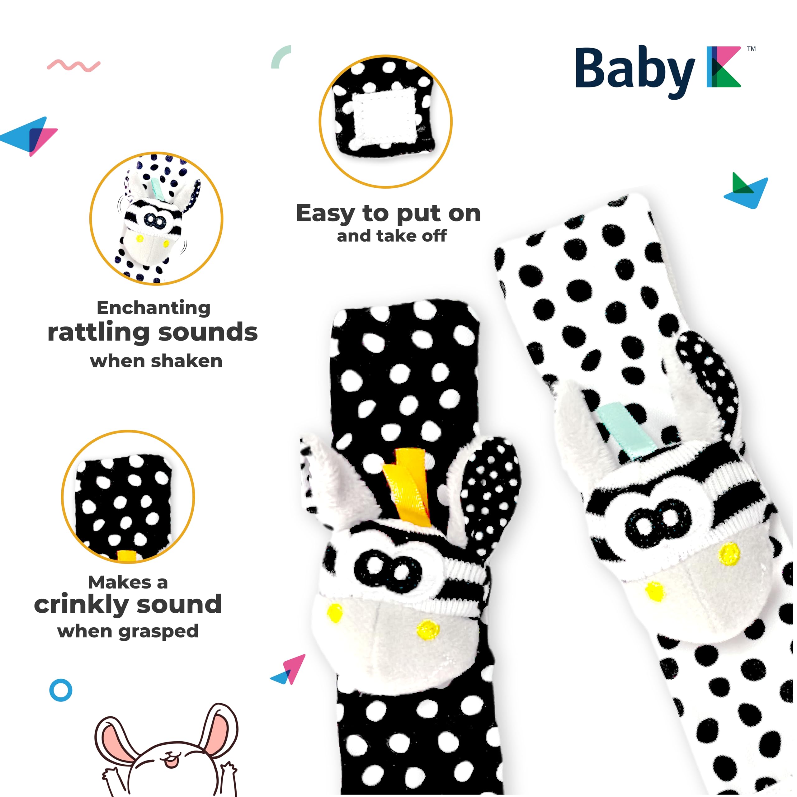 BABY K Foot Finder Socks & Wrist Rattles Set J - Newborn Sensory Toys for Baby Boys & Girls 0-12 Months - Soft Infant Hand & Foot Rattles for Brain Development - Perfect for Tummy Time, Playtime & Early Learning