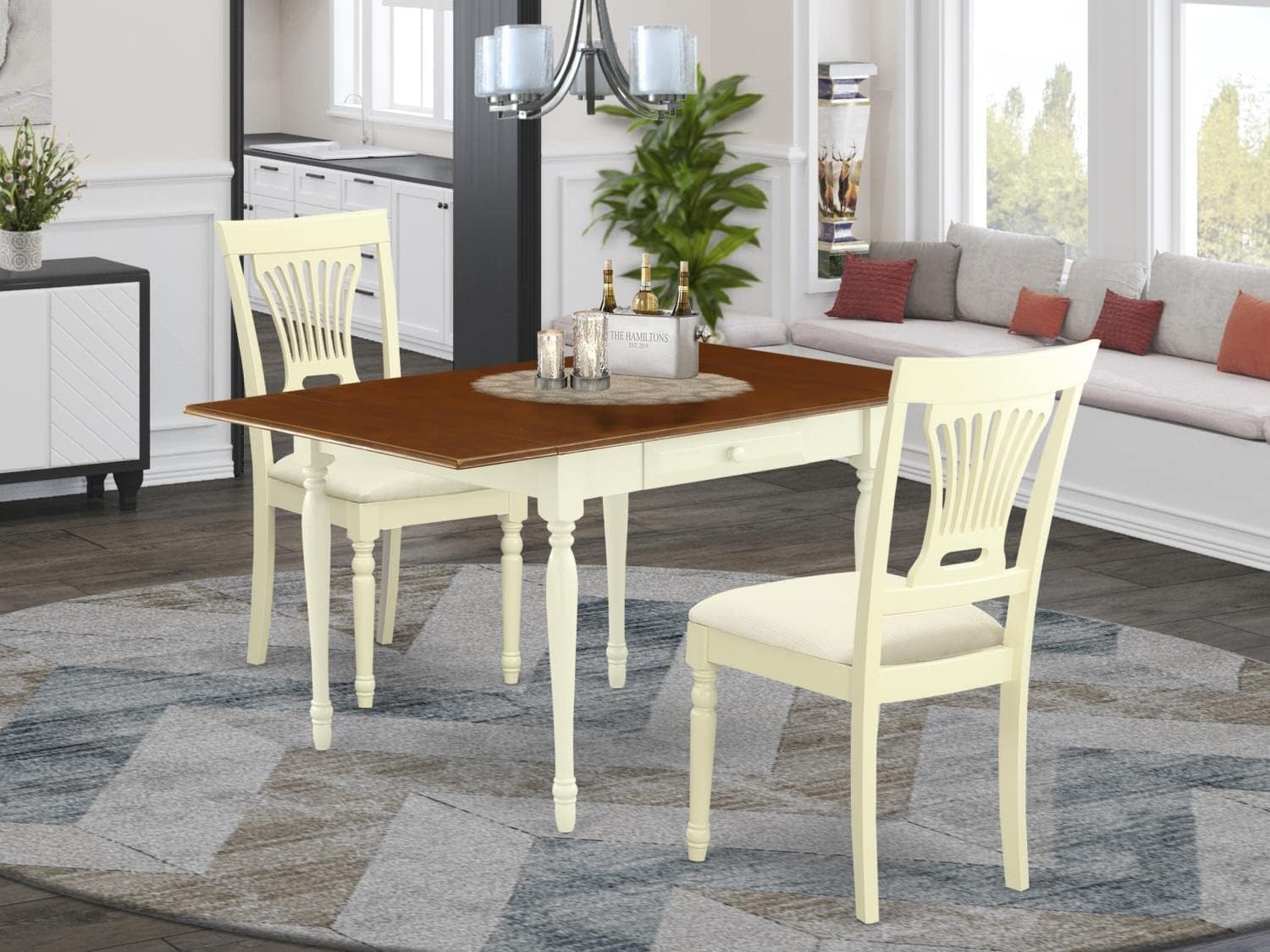 East West Furniture 3 Piece Dining Table Set for Small Spaces - 36x54 Inch Rectangle Wooden Drop Leaf Table with 2 Linen Upholstered Chairs, Buttermilk & Cherry - Perfect for Apartments, Breakfast Nooks & Cozy Dining Areas