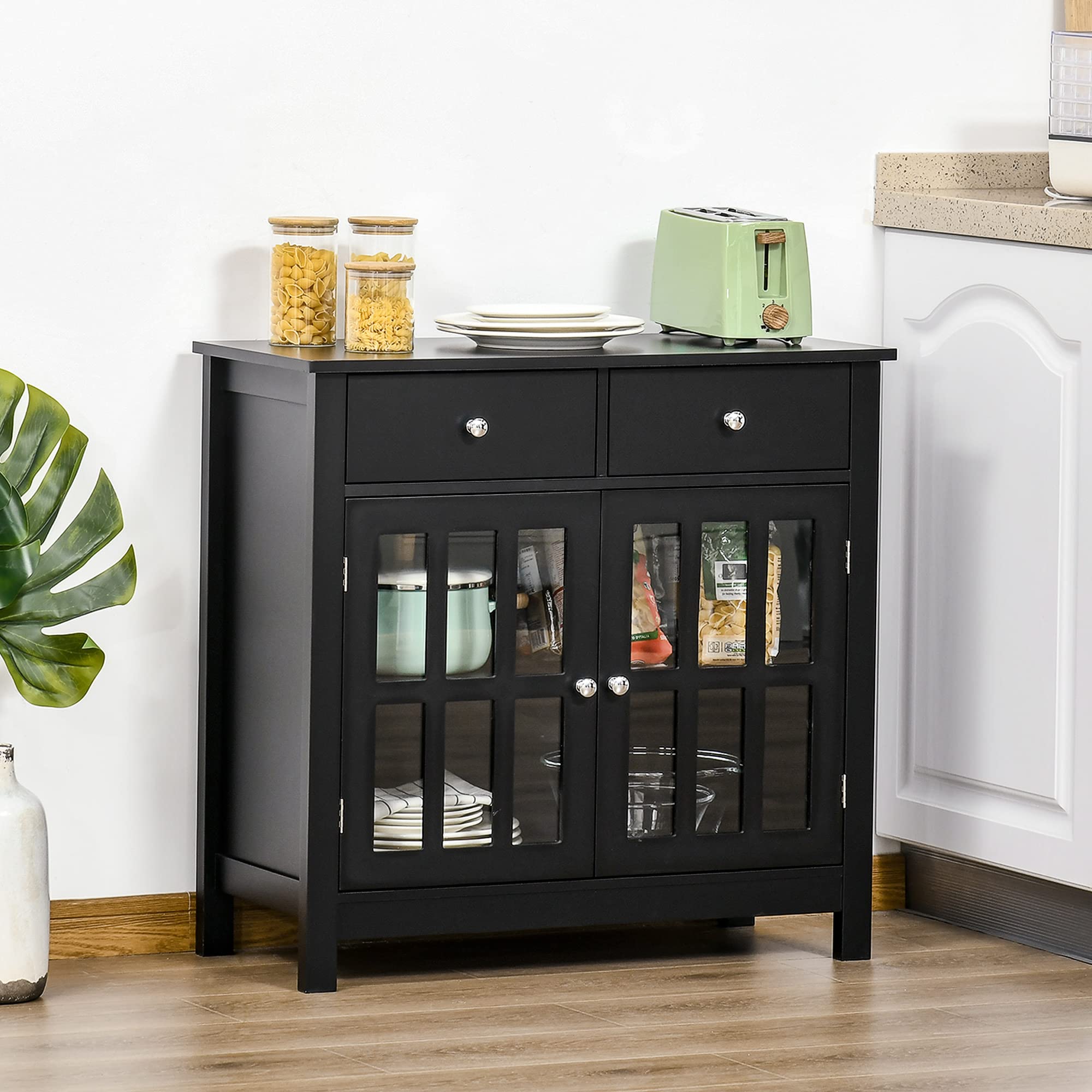 HOMCOM Sideboard Buffet Cabinet with Glass Doors - Adjustable Shelf & 2 Drawers - Modern Accent Kitchen Storage Cabinet in Black - Perfect for Dining Room, Kitchen Organization & Home Decor