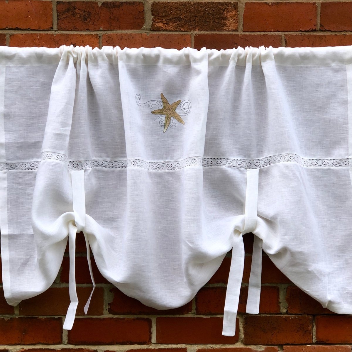 Bewsey White Tie-Up Window Curtain with Starfish Machine Embroidery - Elegant Bathroom & Bedroom Curtains for Coastal Home Decor