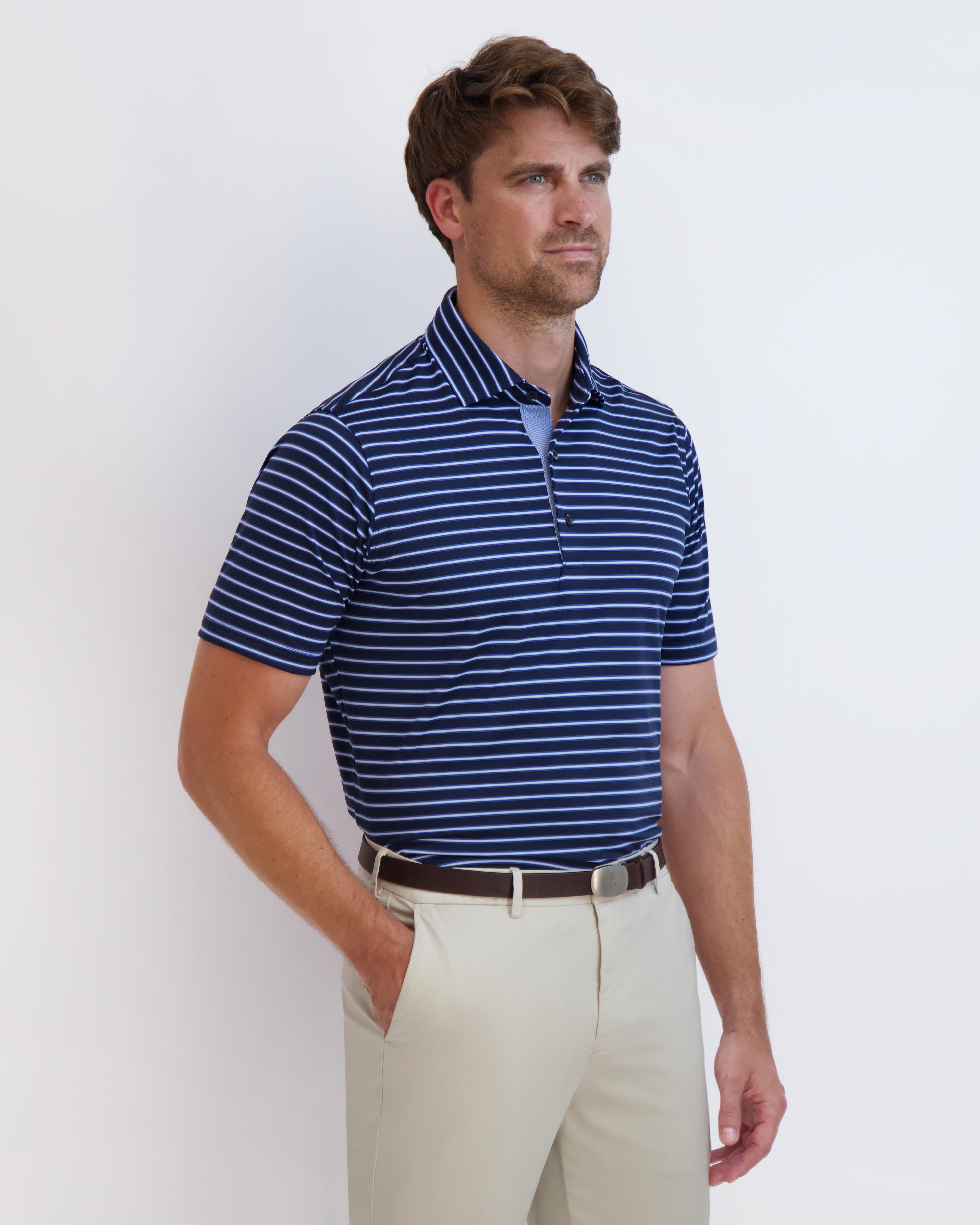 Harbour Stripe Nautical Themed T-Shirt - Classic Blue & White Striped Cotton Tee for Men & Women | Perfect for Beach Vacations, Sailing Trips & Casual Summer Outfits