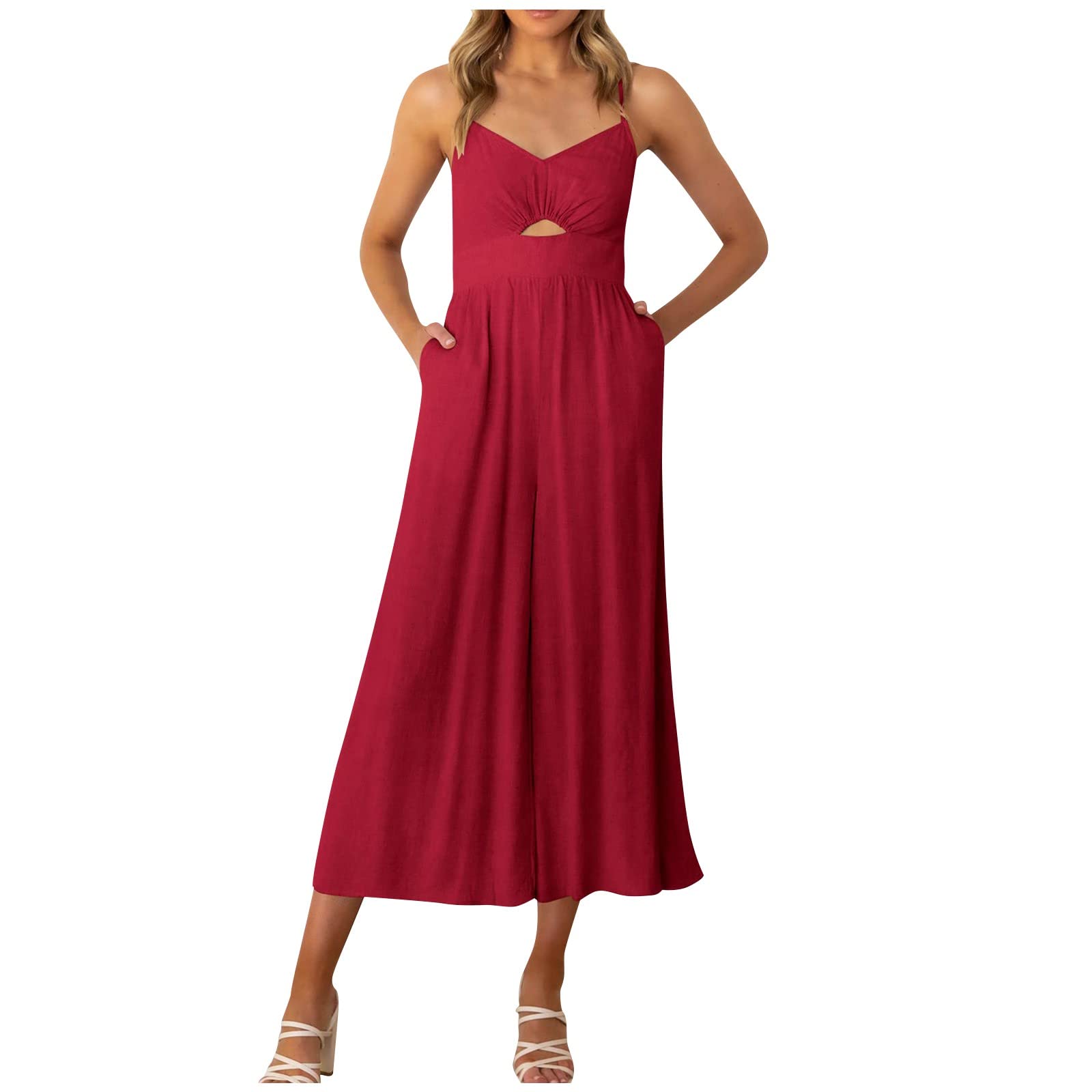 Women's Wide Leg Jumpsuit - Sleeveless Spaghetti Strap Romper with Pockets | Casual Loose Fit Overalls for Summer, Beach, Travel & Everyday Wear