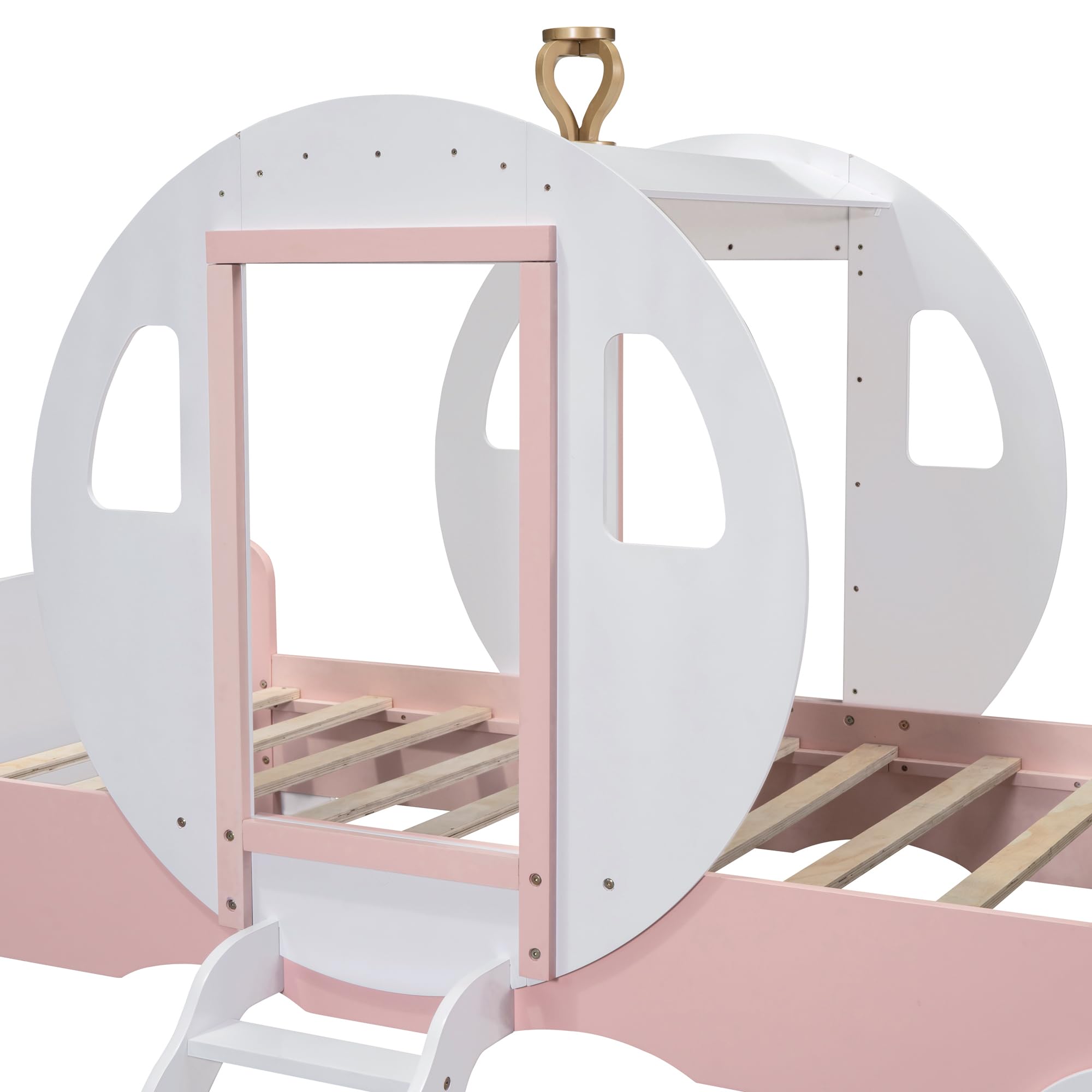 **Princess Carriage Bed for Girls - Twin Size Wooden Platform Bed with Crown & Stairs, White & Pink - Perfect for Kids' Bedroom, Fairy Tale Themed Room & Sleepover Fun**