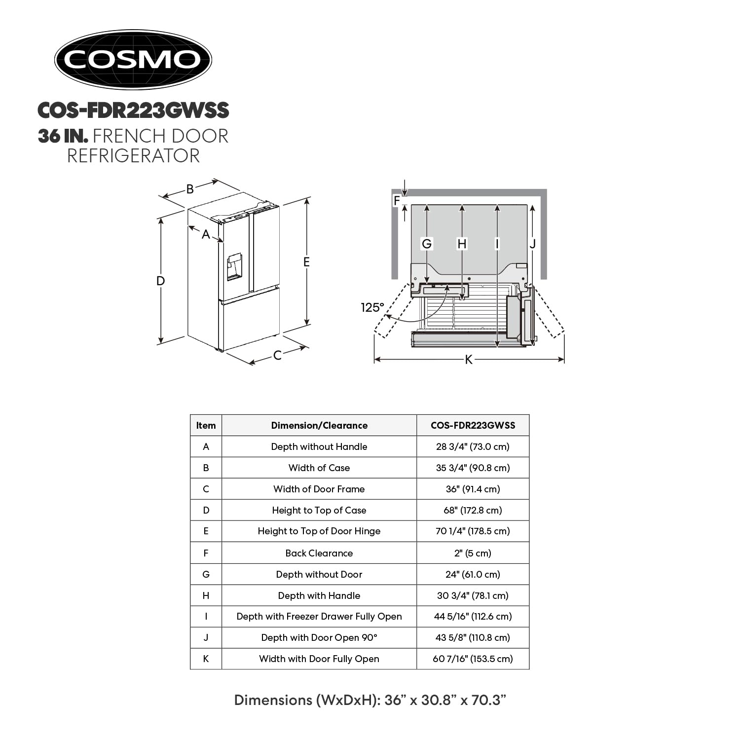 COSMO COS-FDR223GWSS 36-Inch Stainless Steel Counter-Depth French Door Refrigerator with Built-In Water Dispenser & Automatic Ice Maker - Perfect for Modern Kitchens, Entertaining & Family Use