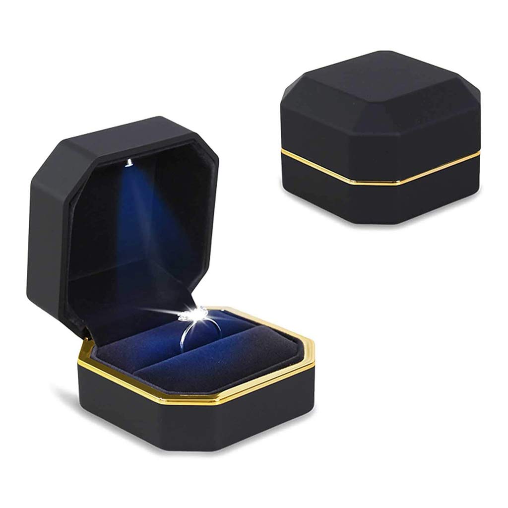 Luxury Velvet Ring Box with LED Light - Square Wedding Jewelry Gift Box for Proposal, Engagement & Wedding - Perfect for Surprise Proposals, Anniversary Gifts & Bridal Accessories (Black)
