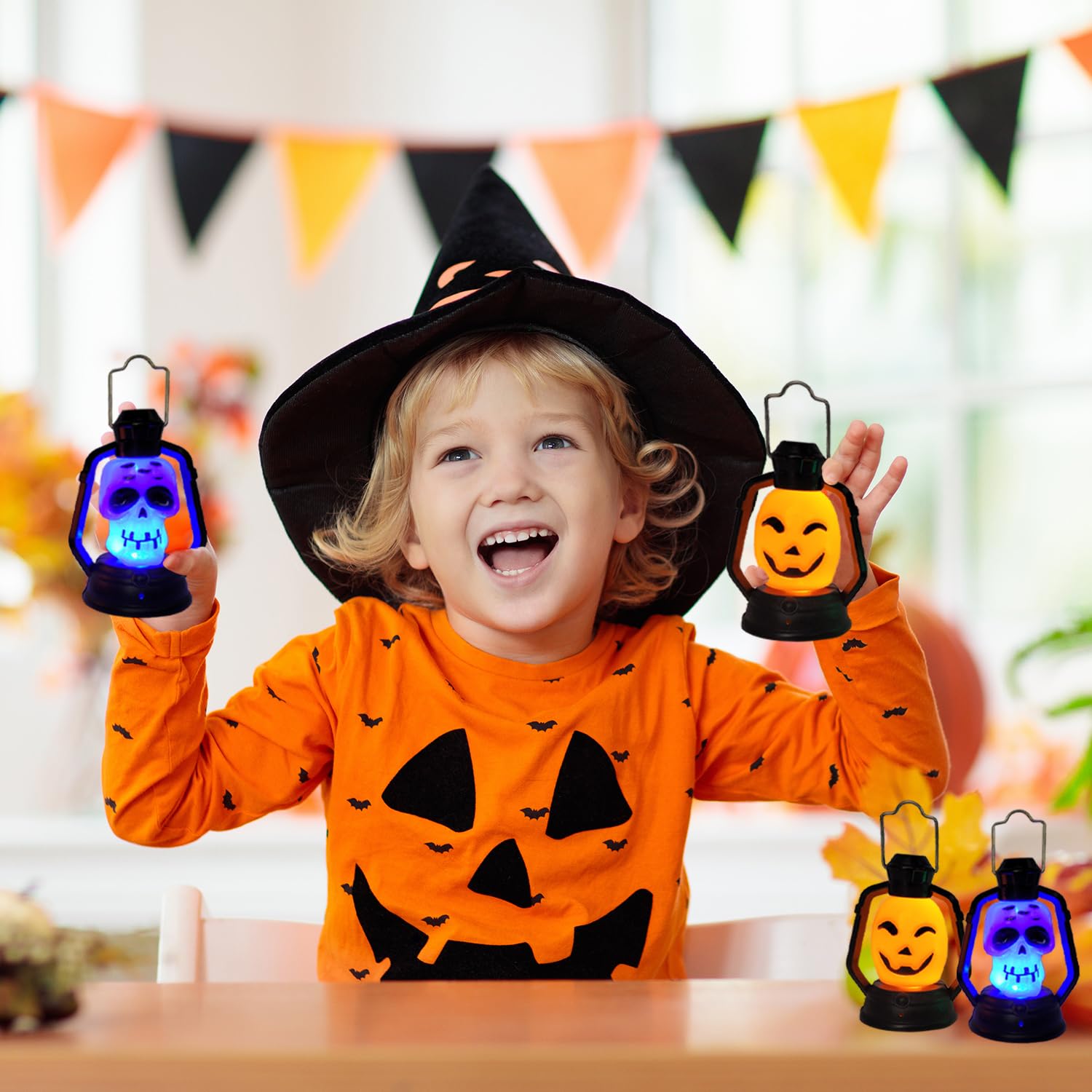 Halloween Mini Flashing LED Lanterns - 4 Pack Spooky Orange Pumpkin & Skeleton Handheld Lights for Trick or Treat, Party Decorations, Haunted House, and Outdoor Nighttime Events