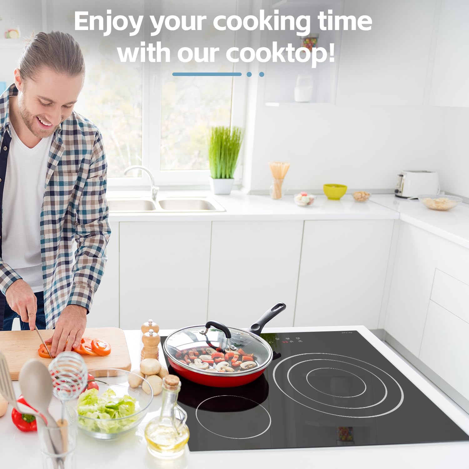 Noxton 24 Inch Electric Cooktop - 3 Burner Built-in Ceramic Stove with Expandable Cooking Zones, 5700W 220-240V Hardwired - Perfect for Home Kitchen, RV & Small Spaces