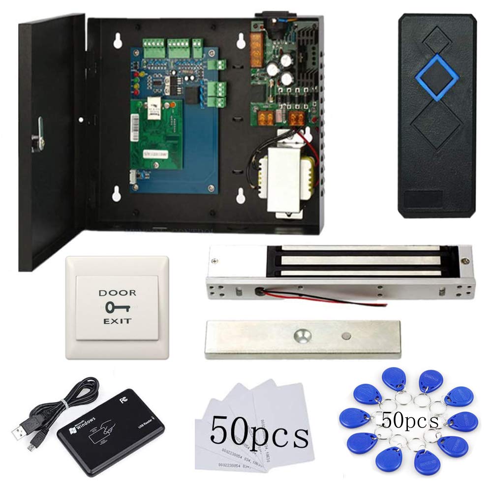 MENGQI-CONTROL 1 Door RFID Card Access Control System with 600lbs Magnetic Lock - 110V Power Supply, RFID Reader, Push to Exit Button, USB Enroll Reader, Key Fob & APP Remote Control - Perfect for Office Buildings, Hotels, and Secure Entry Systems