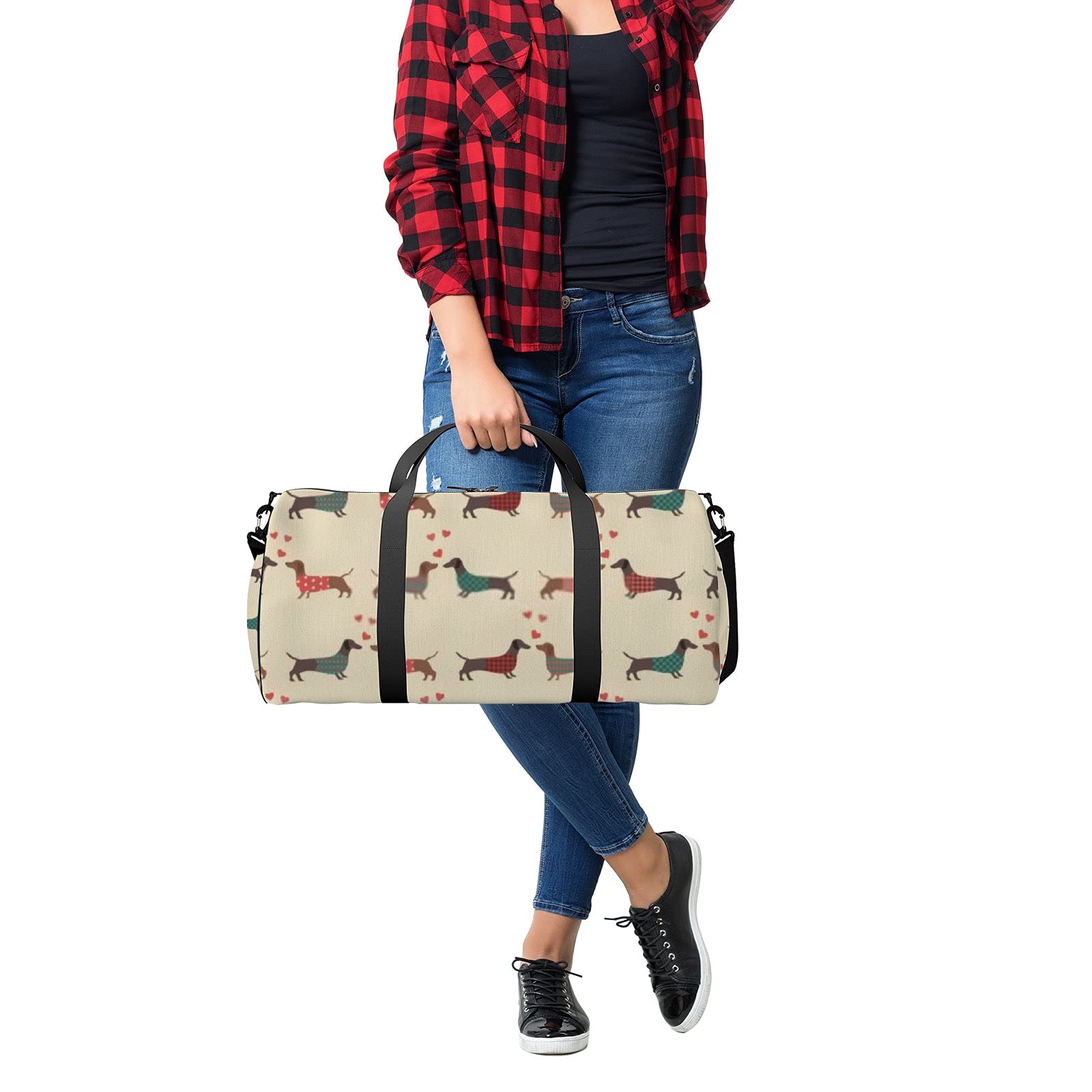 Waterproof Dachshund Print Sports Tote Bag with Red Hearts - Gym Shoulder Bag with Zipper & 2 Side Pockets for Men & Women | Perfect for Workouts, Travel & Storage | Cute Animal Design for Dog Lovers