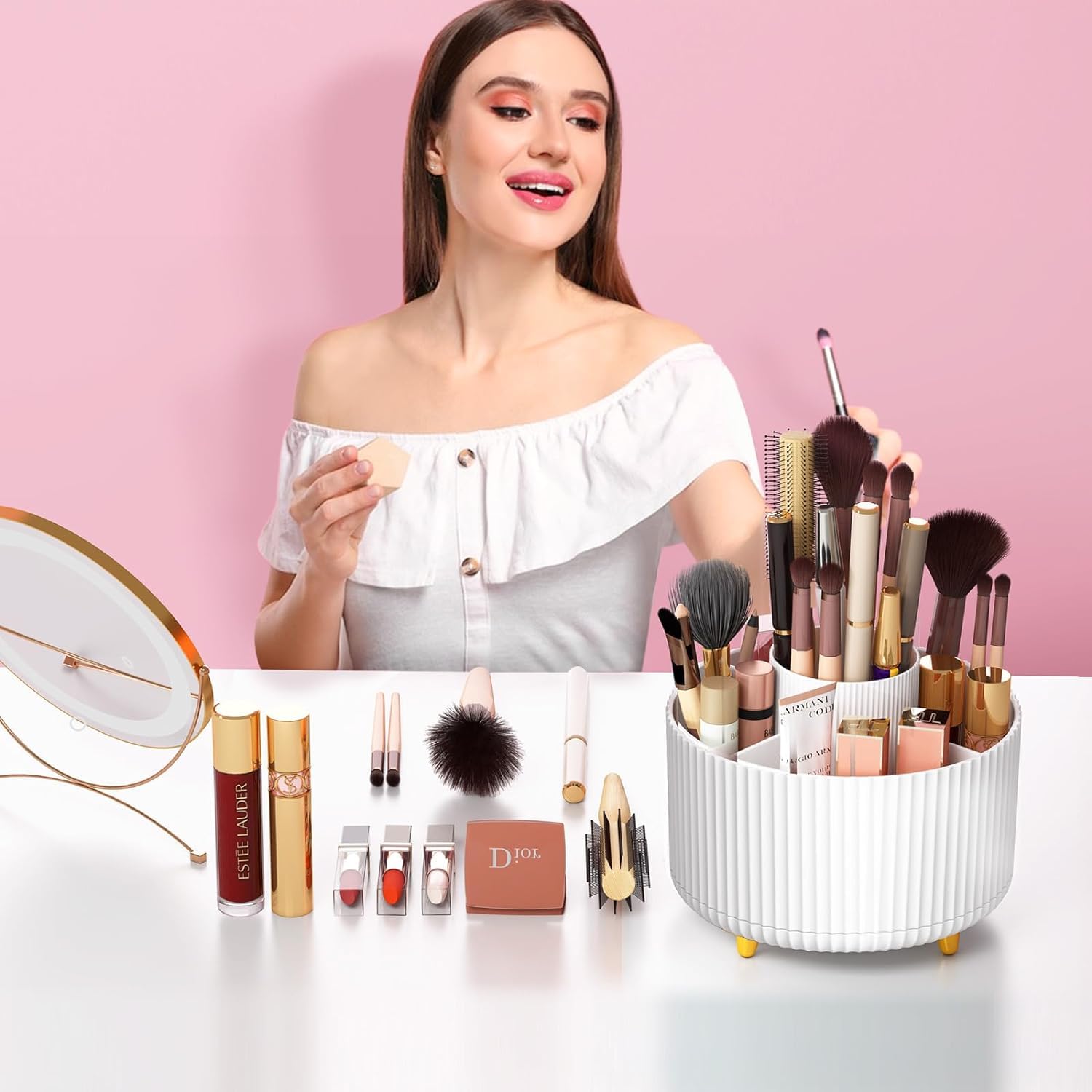 360° Rotating Makeup Brush Holder Organizer - 5 Slot Desktop Cosmetics Brush Cup with 360° Rotation for Easy Access | Perfect for Vanity, Bathroom & Travel (White) - House of Quirk