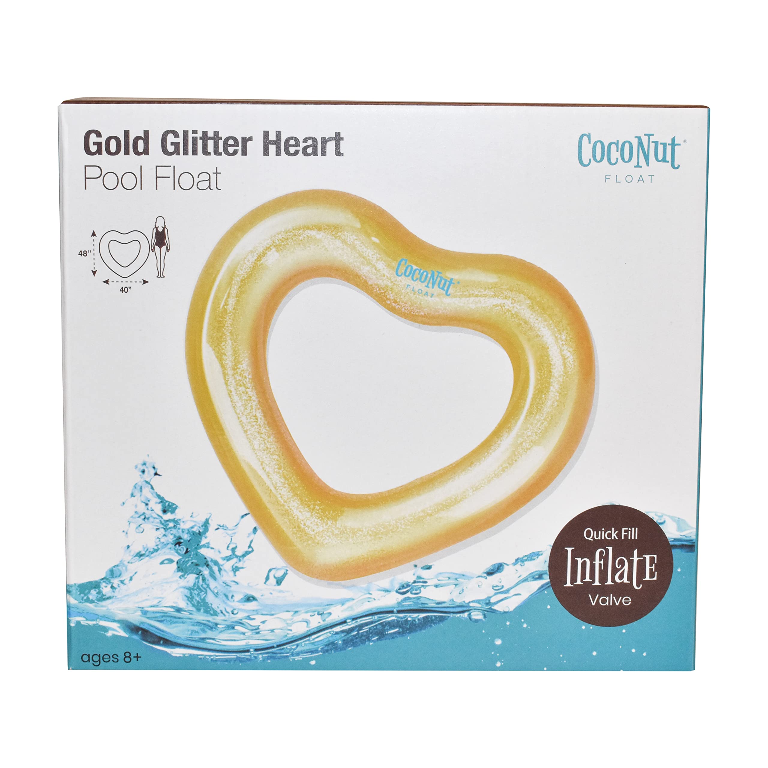 CocoNut Float Glitter Heart Pool Floats – Inflatable Pool Rings for Adults & Kids – Durable Lounge Tubes, Summer Water Toys – Fun Party Decorations for Birthdays, Beach Parties, Poolside Relaxation – Ages 8+ Years