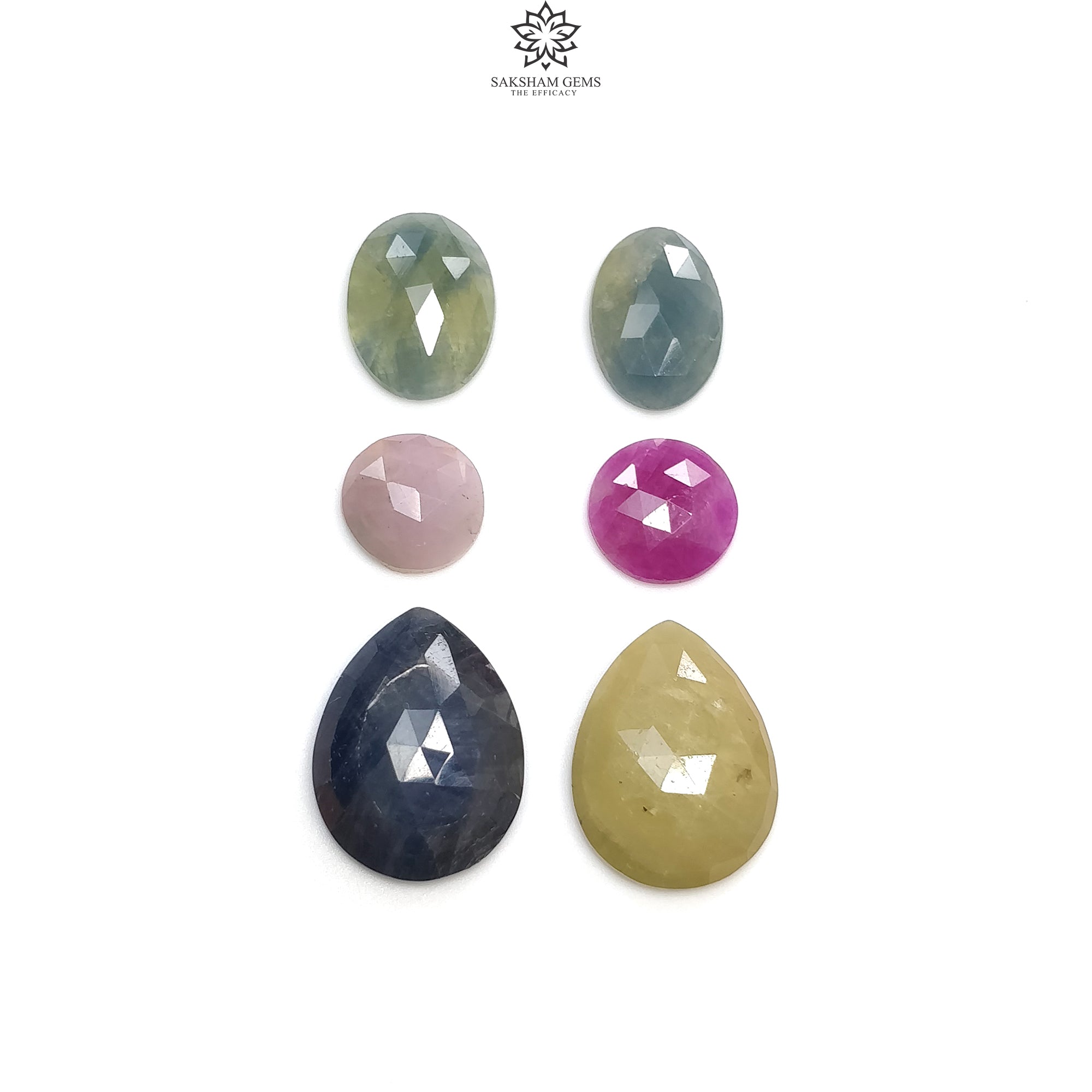 52.10cts Natural Untreated Multi-Color Sapphire Gemstones - Rose Cut Pear, Oval & Round Shapes (11mm-20*15.5mm, 6pcs) for Jewelry Making, Engagement Rings & Luxury DIY Crafts