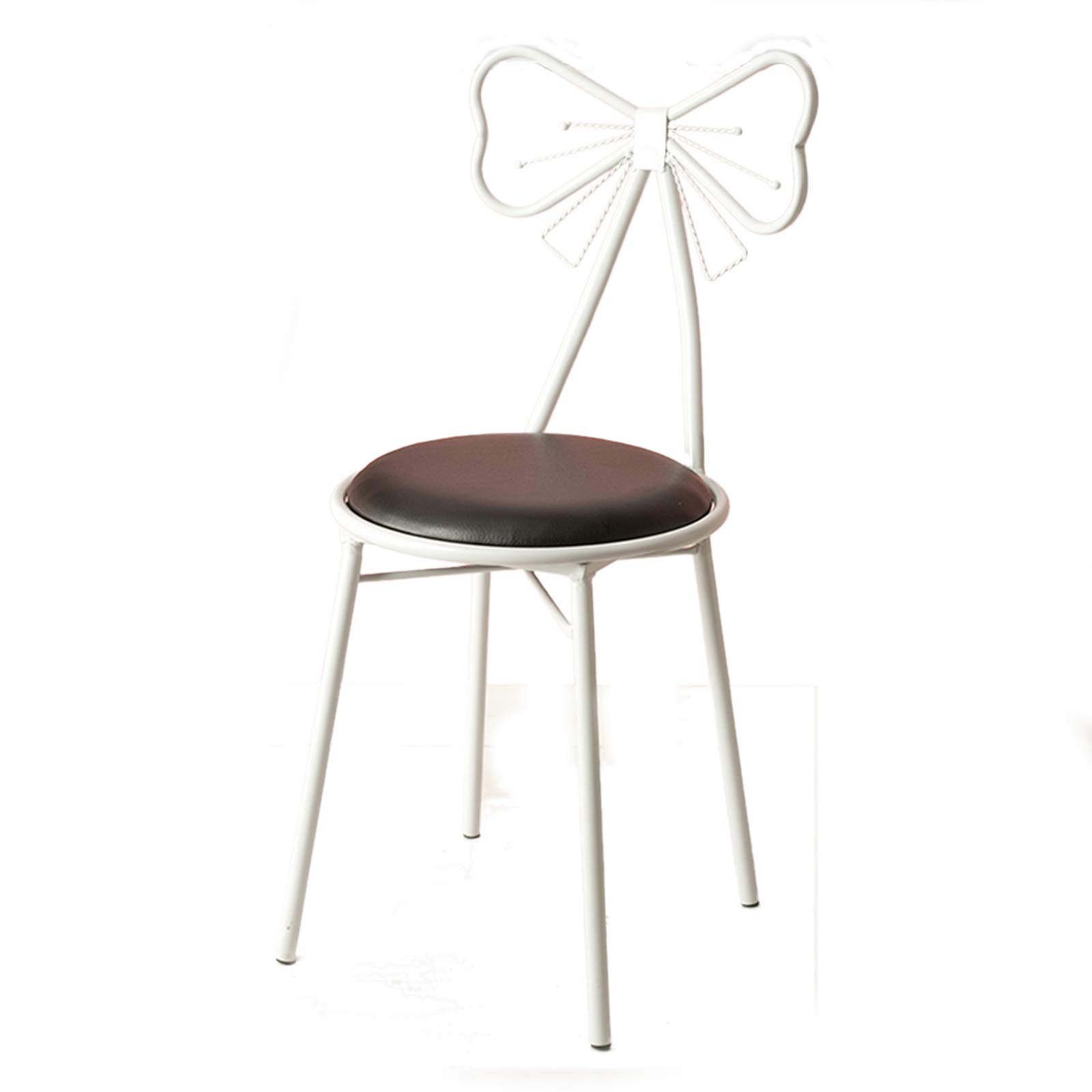 JHSLXD White PU Leather Makeup Vanity Chair with Creative Butterfly Tie Backrest - Dressing Stool, Bedroom Lounge & Reading Chair, Wrought Iron Dining Furniture (Black) | Perfect for Beauty Salon, Bedroom Decor & Home Office