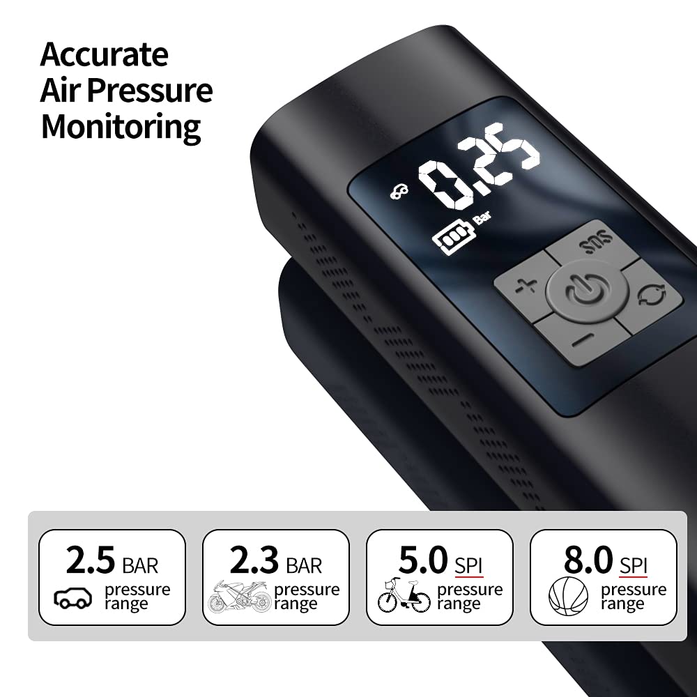 4 in 1 Portable Air Compressor - Mini Electric Pump for Car, Bike Tires & Inflatables | 150PSI Rechargeable Li-Ion Battery | Digital LCD Display & LED Emergency Light | Compact & Ergonomic Design - Perfect for Roadside Emergencies, Camping and Sports Equipment Inflation