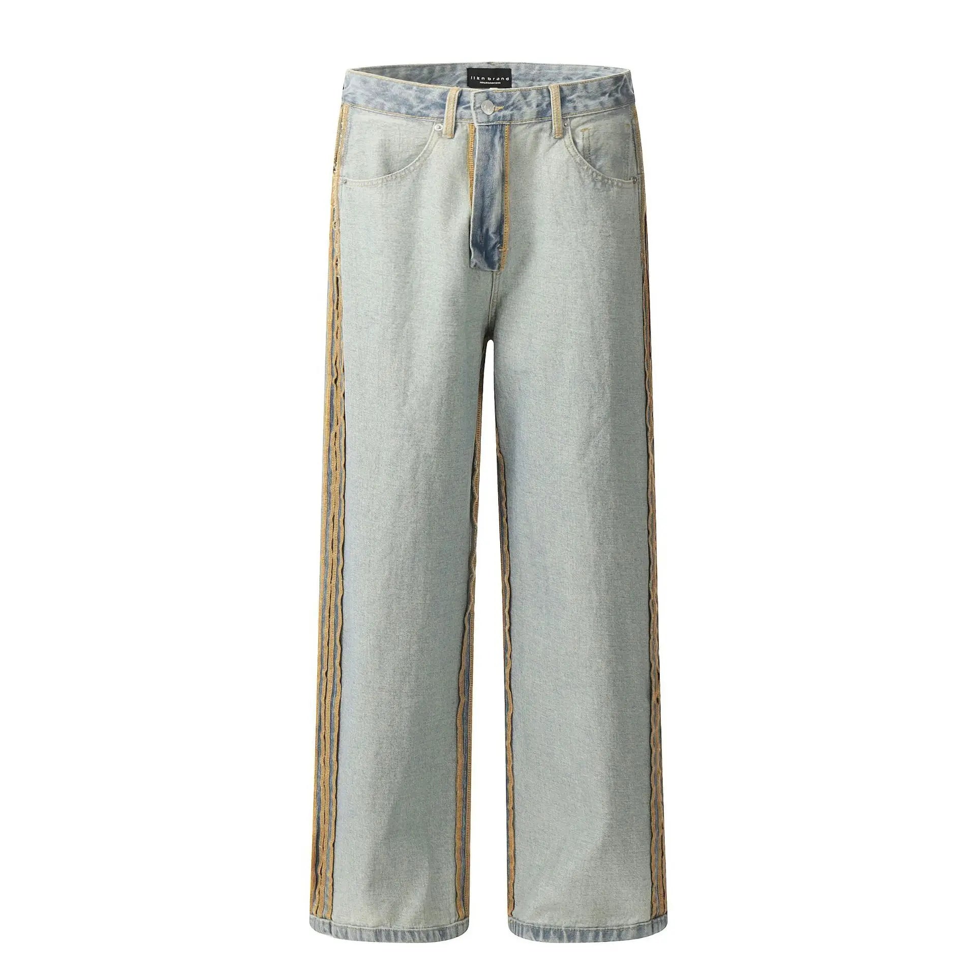 Men's American Wide Leg Jeans with Side Stripes - Solid Color Washed Denim Pants with Zipper Pockets | Straight Cylinder Fit for Winter 2024 | Casual Streetwear, Office Style & Everyday Comfort