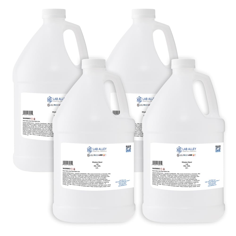 High Purity Ethylene Glycol (4 Gallons) - Lab Grade Chemical for Antifreeze, HVAC Systems & Scientific Research | 4x1 Gallon Bottles Pack | Ideal for Winter Car Protection & Laboratory Experiments