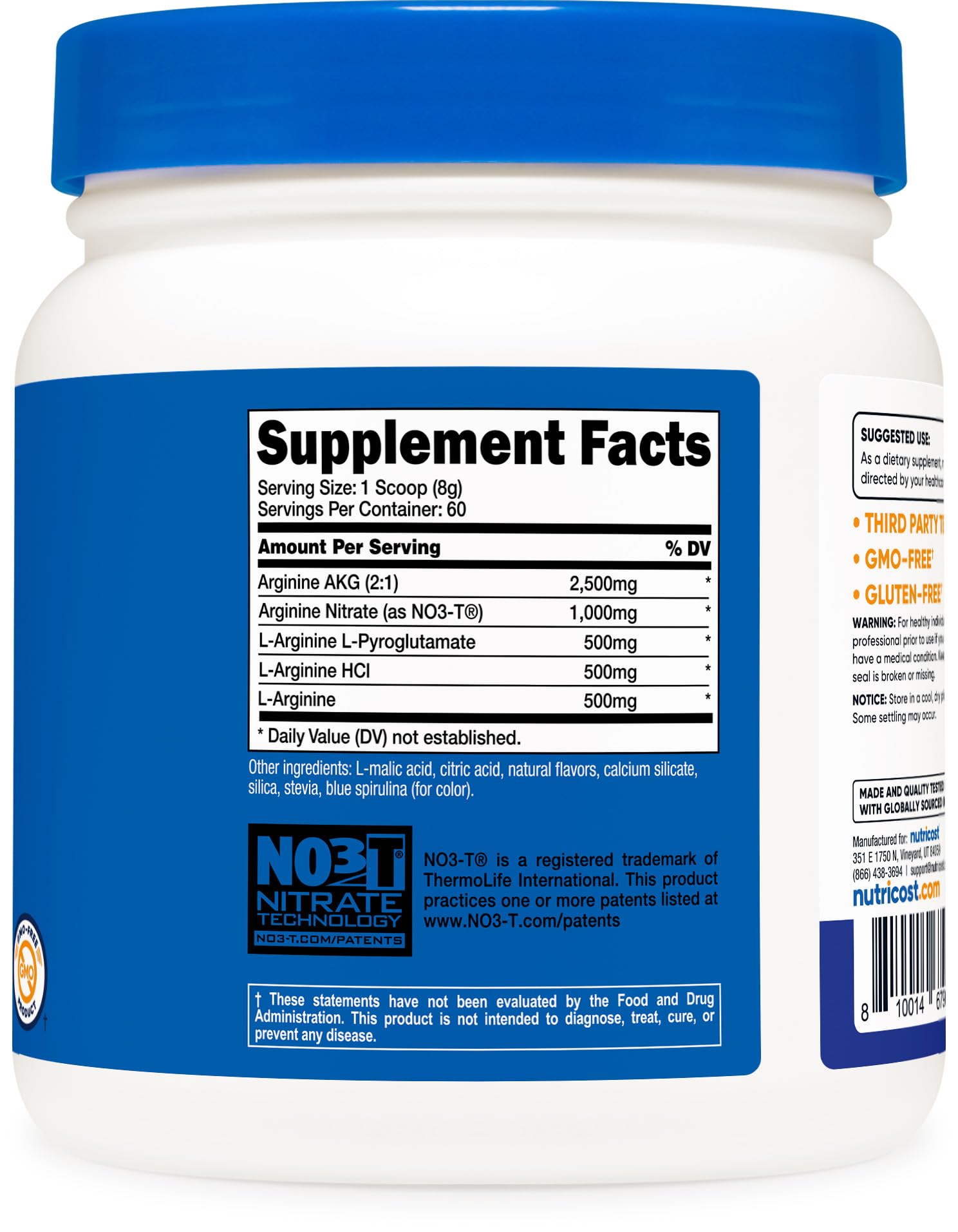 Nutricost L-Arginine Complex Powder - Blue Raspberry Flavor, 60 Servings | Gluten Free, Non-GMO Supplement for Workout Recovery, Heart Health & Energy Boost
