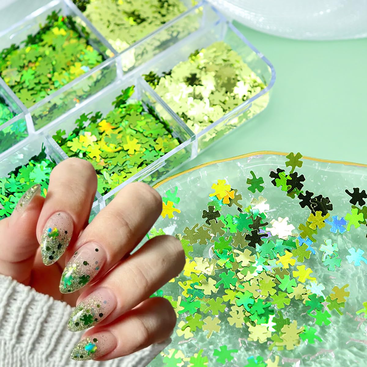 6 Grids St. Patrick's Day Nail Art Glitters - 3D Holographic Green Shamrock Nail Stickers, Irish Sequins & Sparkle Confetti Flakes for DIY Clover Nail Designs | Perfect for Women's St. Patrick's Day Party, Nail Salon Decorations & Festival Nail Art
