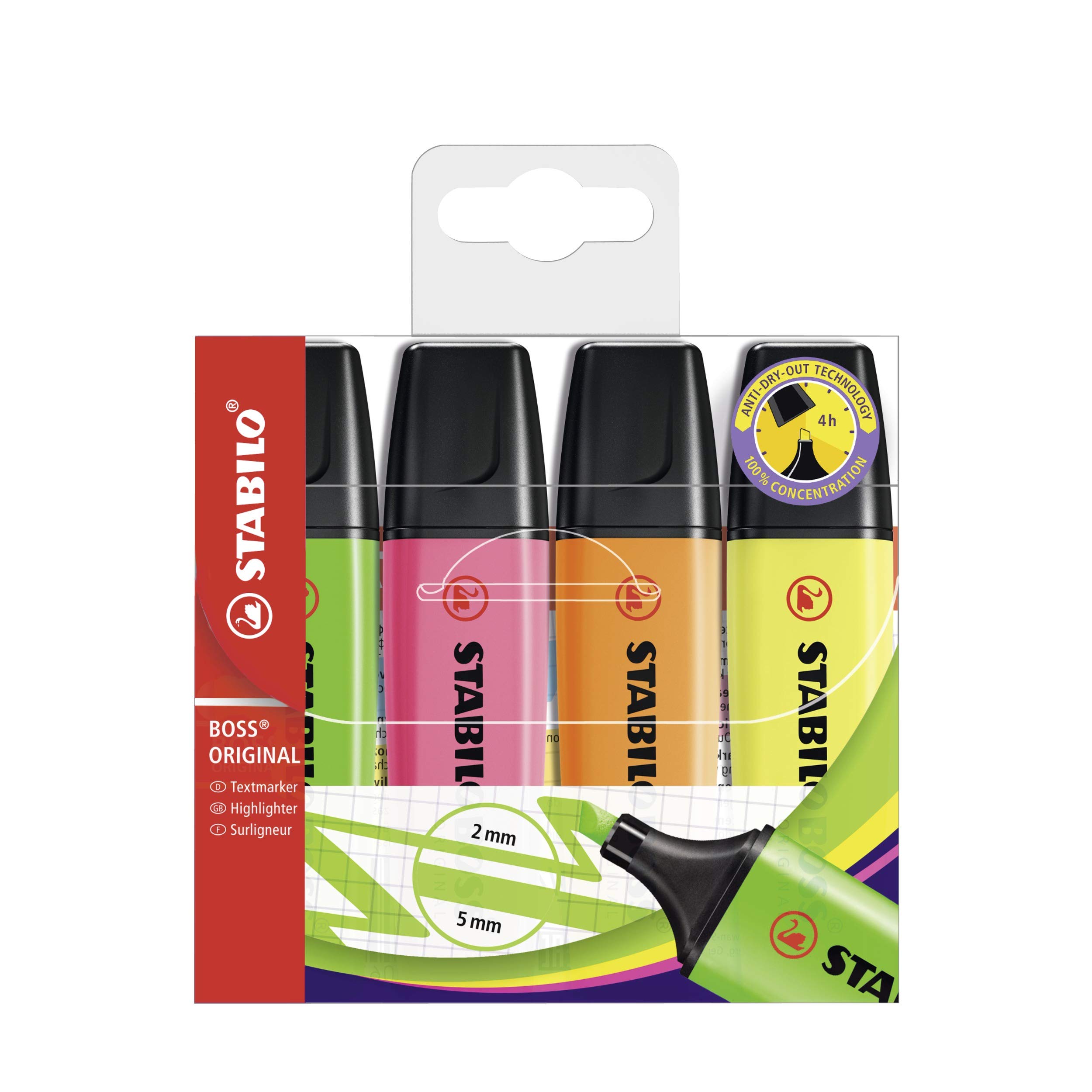 STABILO Boss Original Highlighter Pens - Chisel Tip 2-5mm, Assorted Colors (4-Pack) - Perfect for Note Taking, Studying & Office Organization