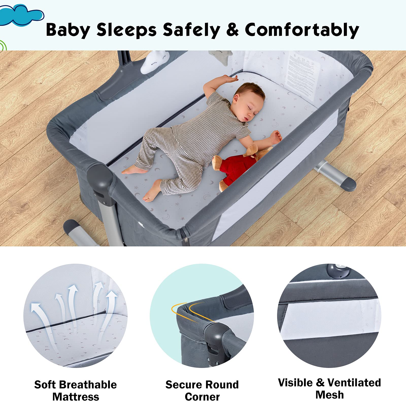 BABY JOY Adjustable Portable Baby Bassinet Crib with Music Box, Toy Rack & Mattress - Breathable Mesh Design, Foldable Travel Bassinet for Newborns - Perfect for Nursery, Bedside Sleeping & Travel (Dark Grey)